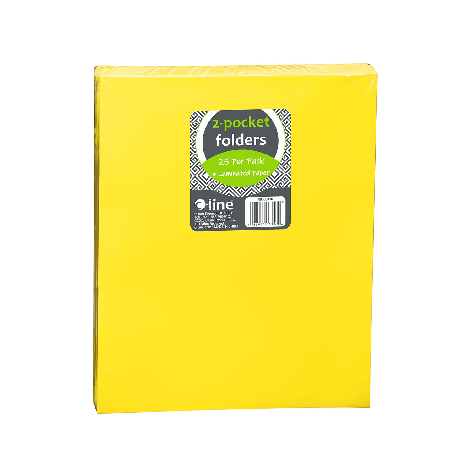 2-Pocket Laminated Paper Portfolios with 3-Hole Punch, Yellow, Box of 25