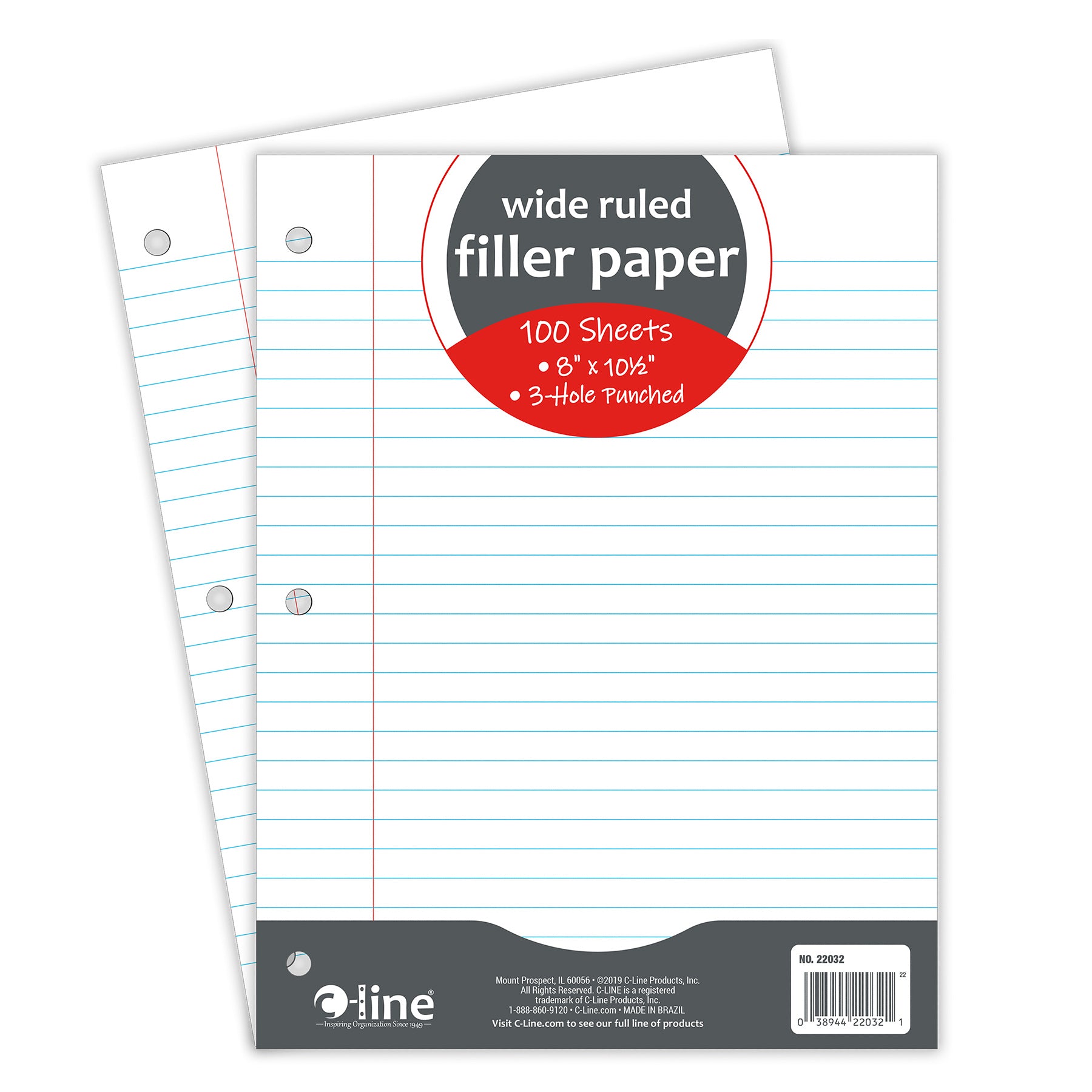 Filler Paper, Wide Ruled, 8" x 10-1/2", White, 100 Sheets Per Pack, 12 Packs