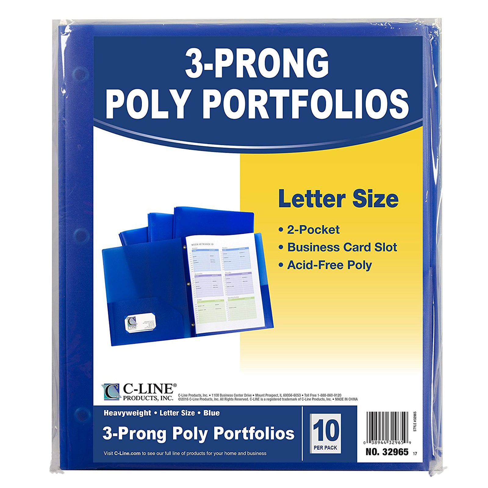 Two-Pocket Heavyweight Poly Portfolio Folder with Prongs, Blue, Pack of 10