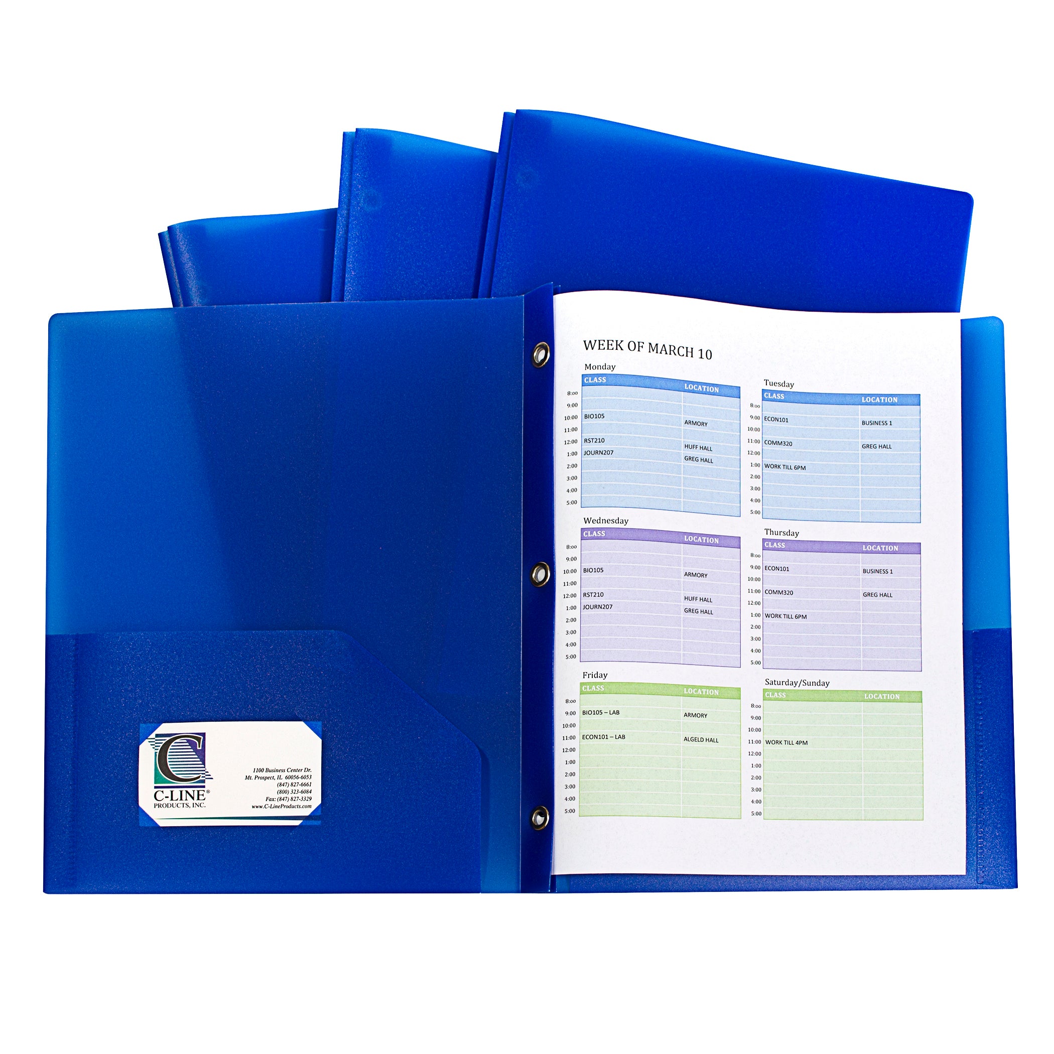 Two-Pocket Heavyweight Poly Portfolio Folder with Prongs, Blue, Pack of 10