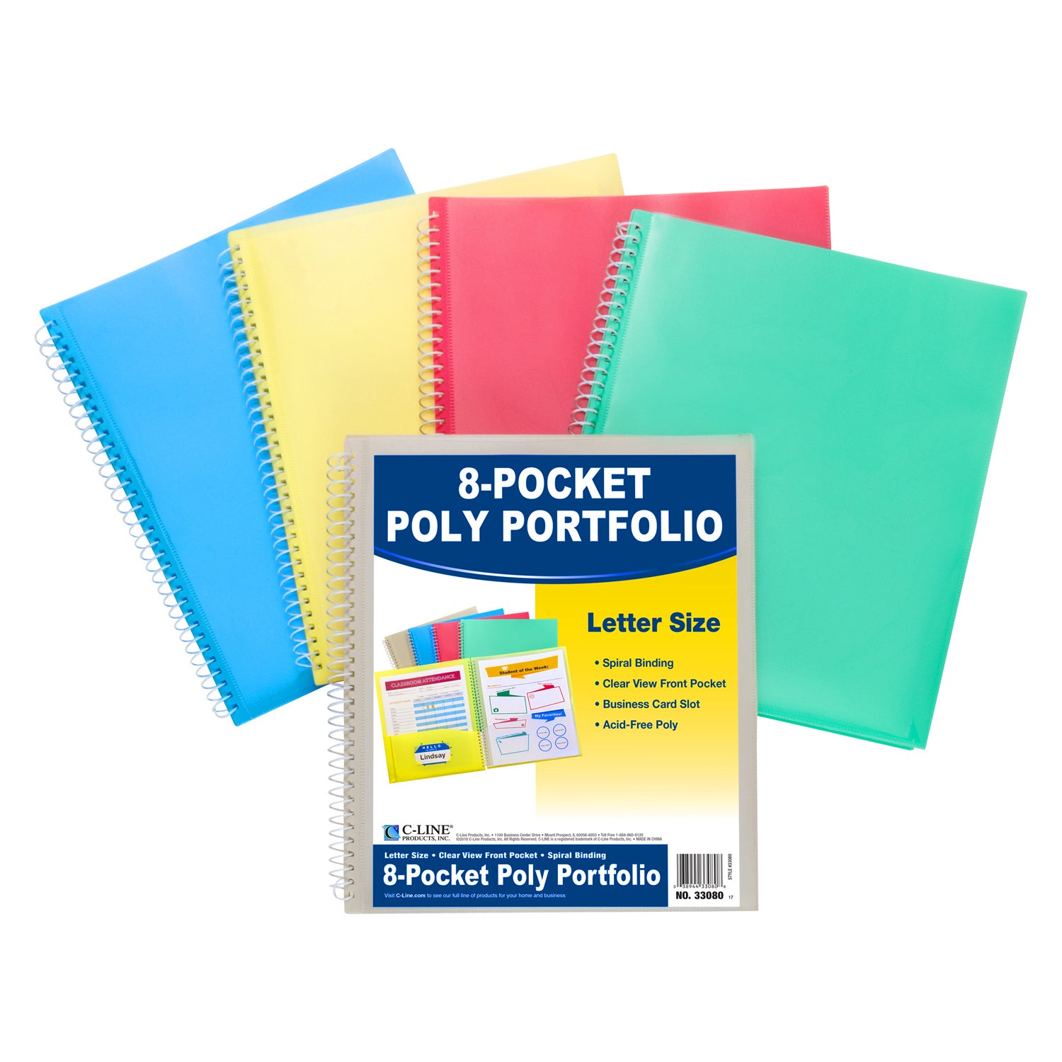 8-Pocket Spiral-Bound Poly Portfolio, Pack of 6