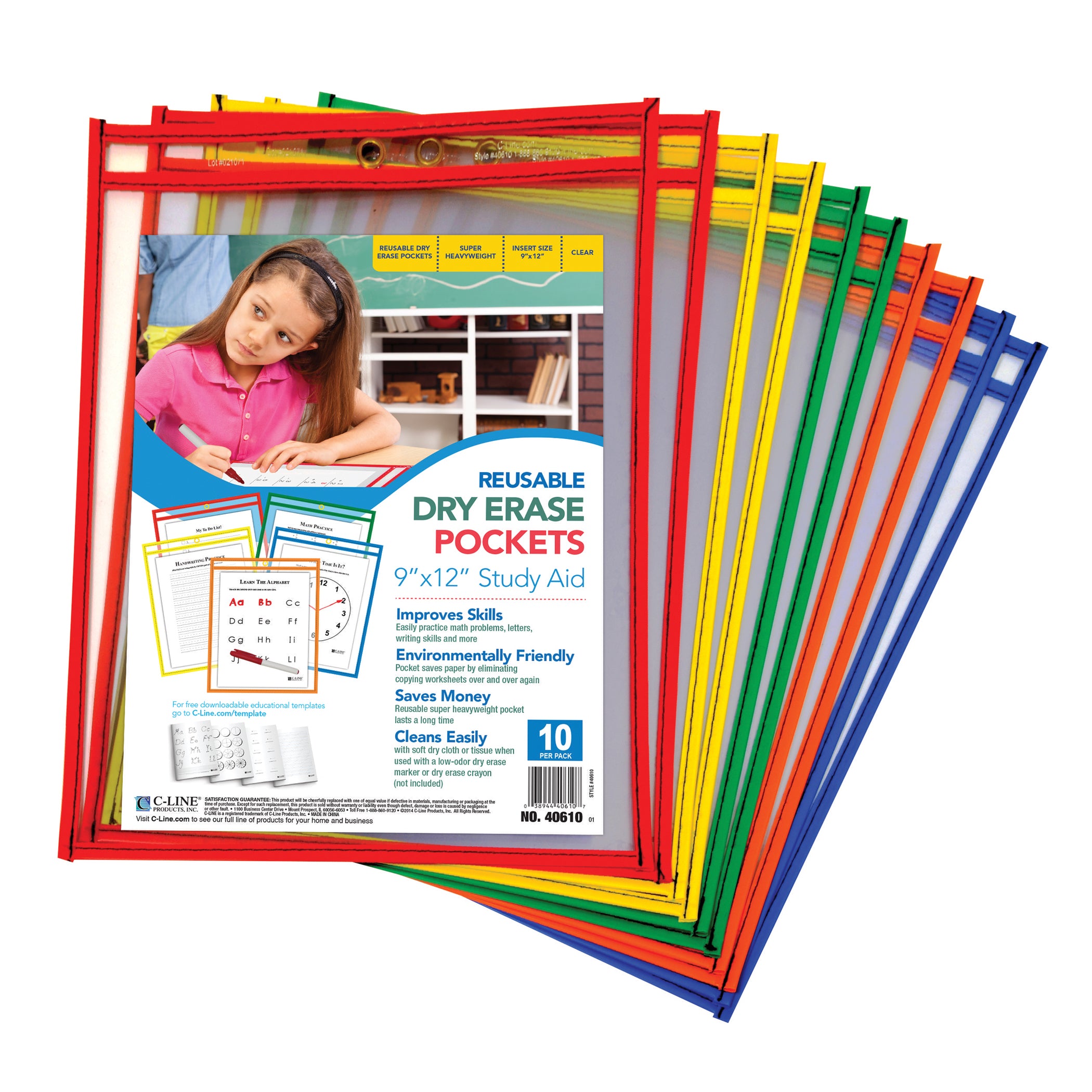 Reusable Dry Erase Pockets, Primary Colors, 9 x 12, Pack of 10