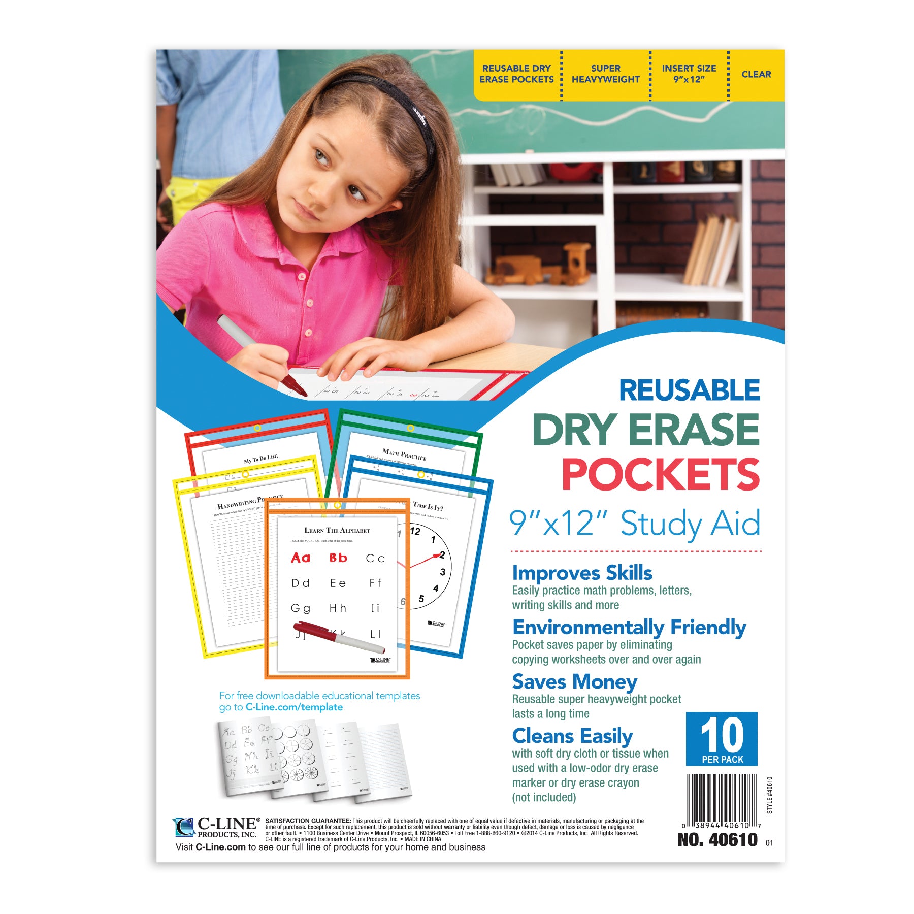 Reusable Dry Erase Pockets, Primary Colors, 9 x 12, Pack of 10