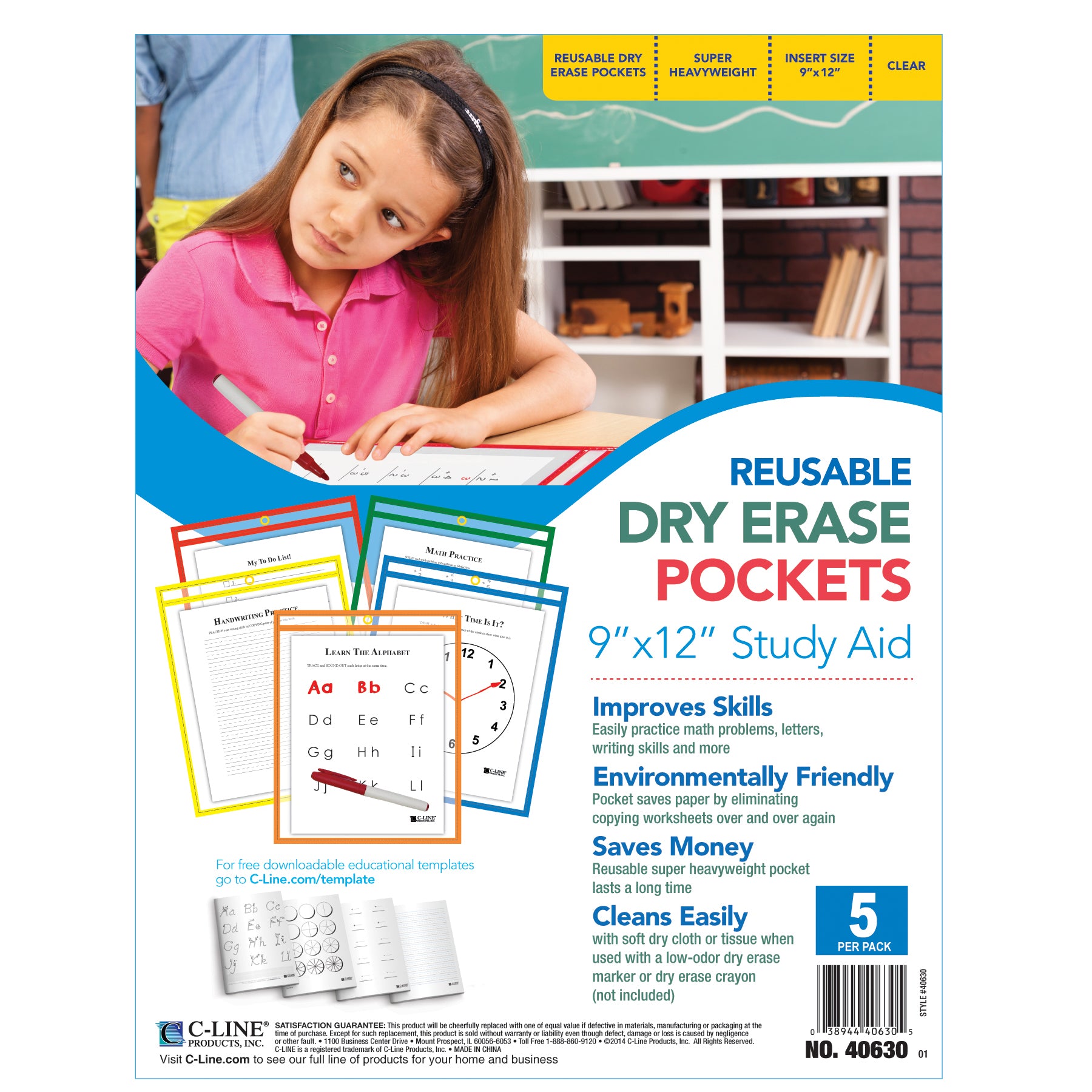 Reusable Dry Erase Pockets, Primary Colors, 9" x 12", 5 Per Pack, 2 Packs