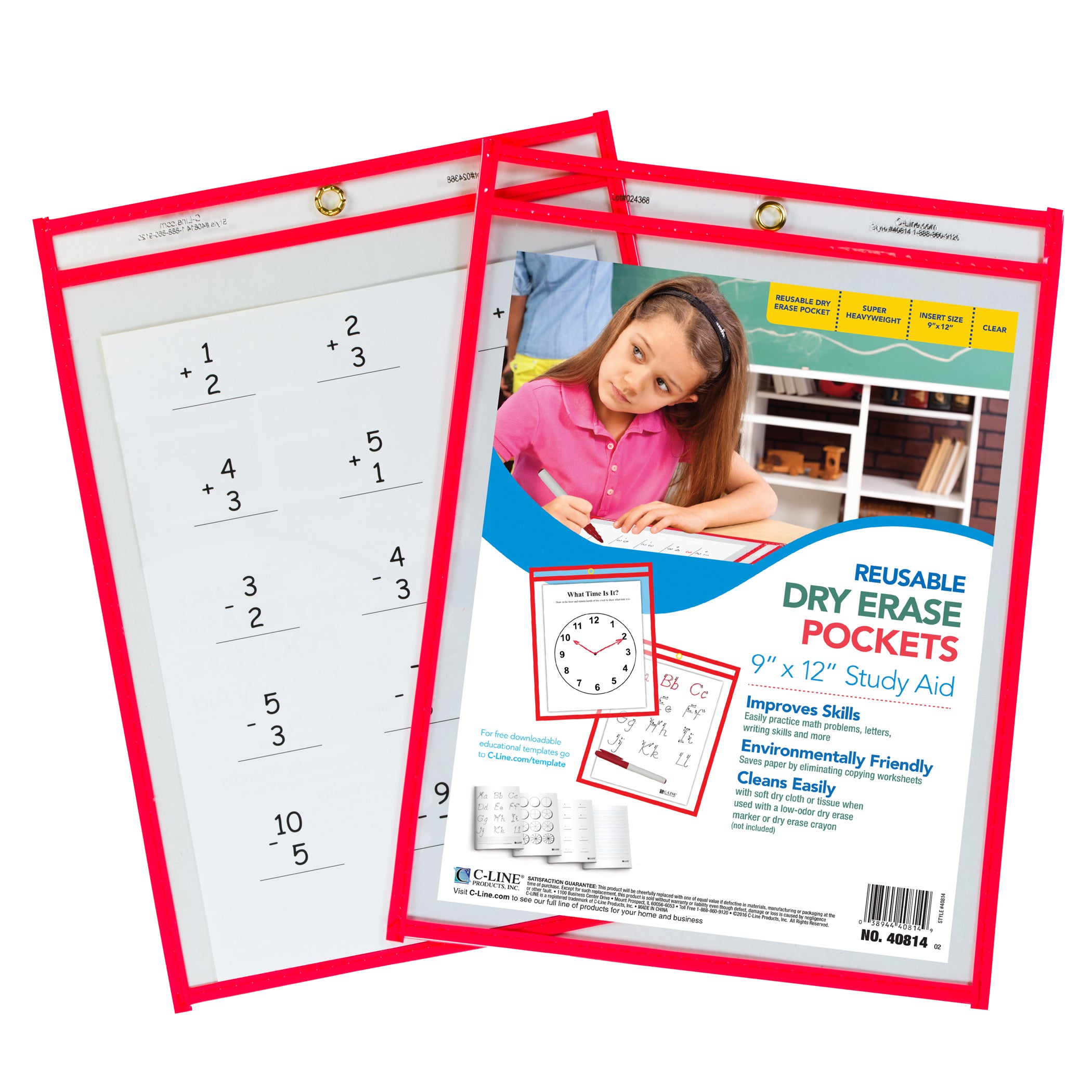 Reusable Dry Erase Pocket - Study Aid, Neon Red, 9" x 12", Pack of 10 - A1 School Supplies