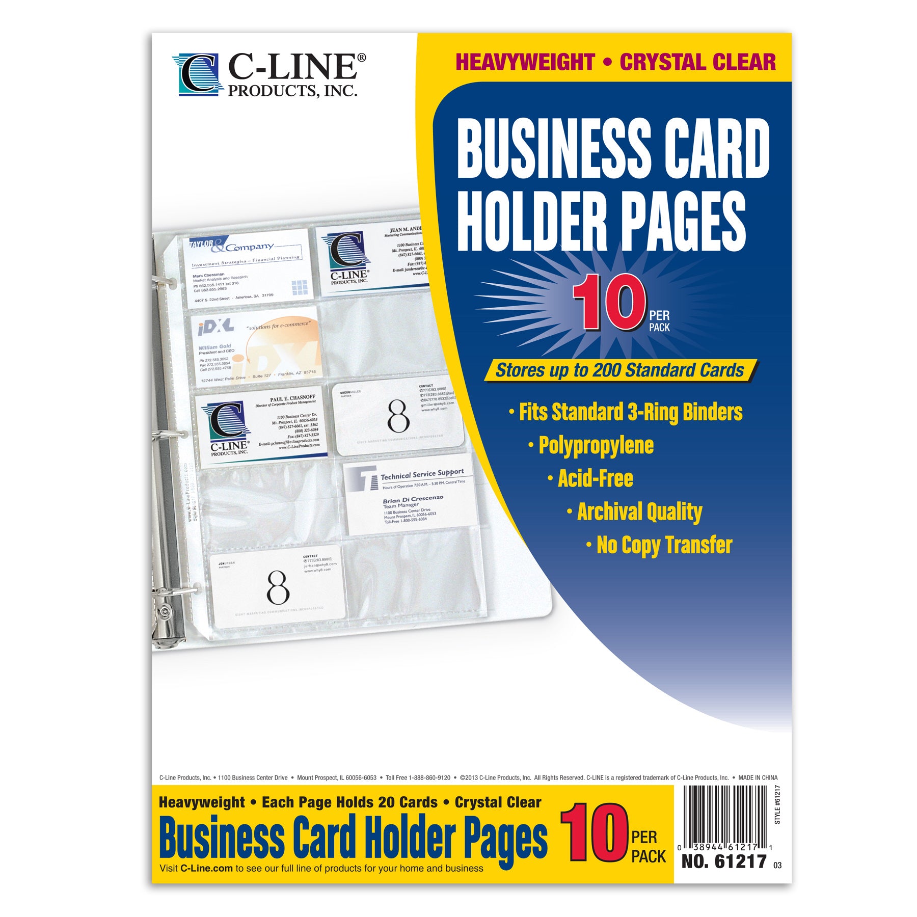 Business Card Holder, Poly without Tabs, Holds 20 Cards/Page, 11-1/4" x 8-1/8", 10 Per Pack, 10 Packs