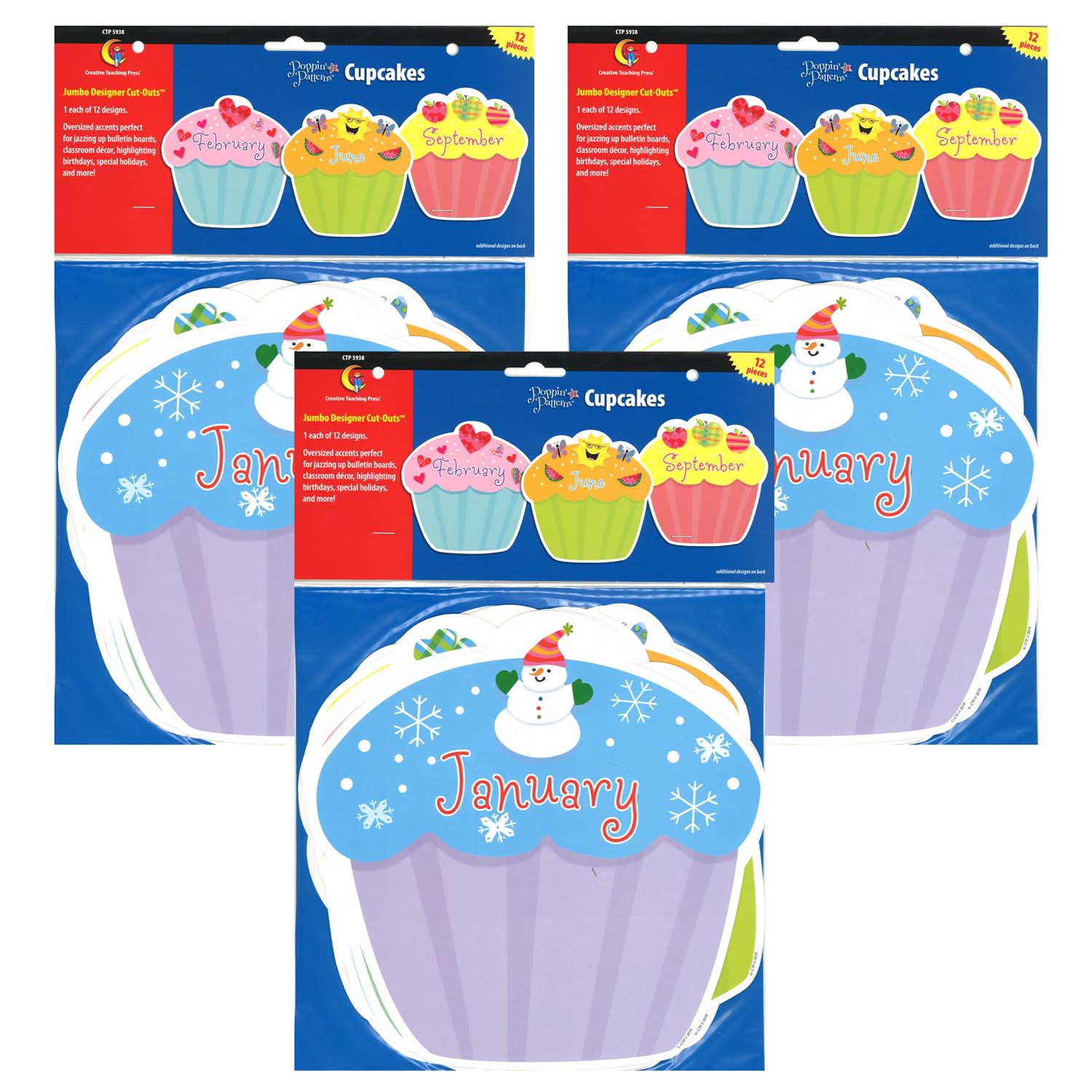 Designer Cut-Outs, Month Cupcakes, 10", 12 Per Pack, 3 Packs - A1 School Supplies