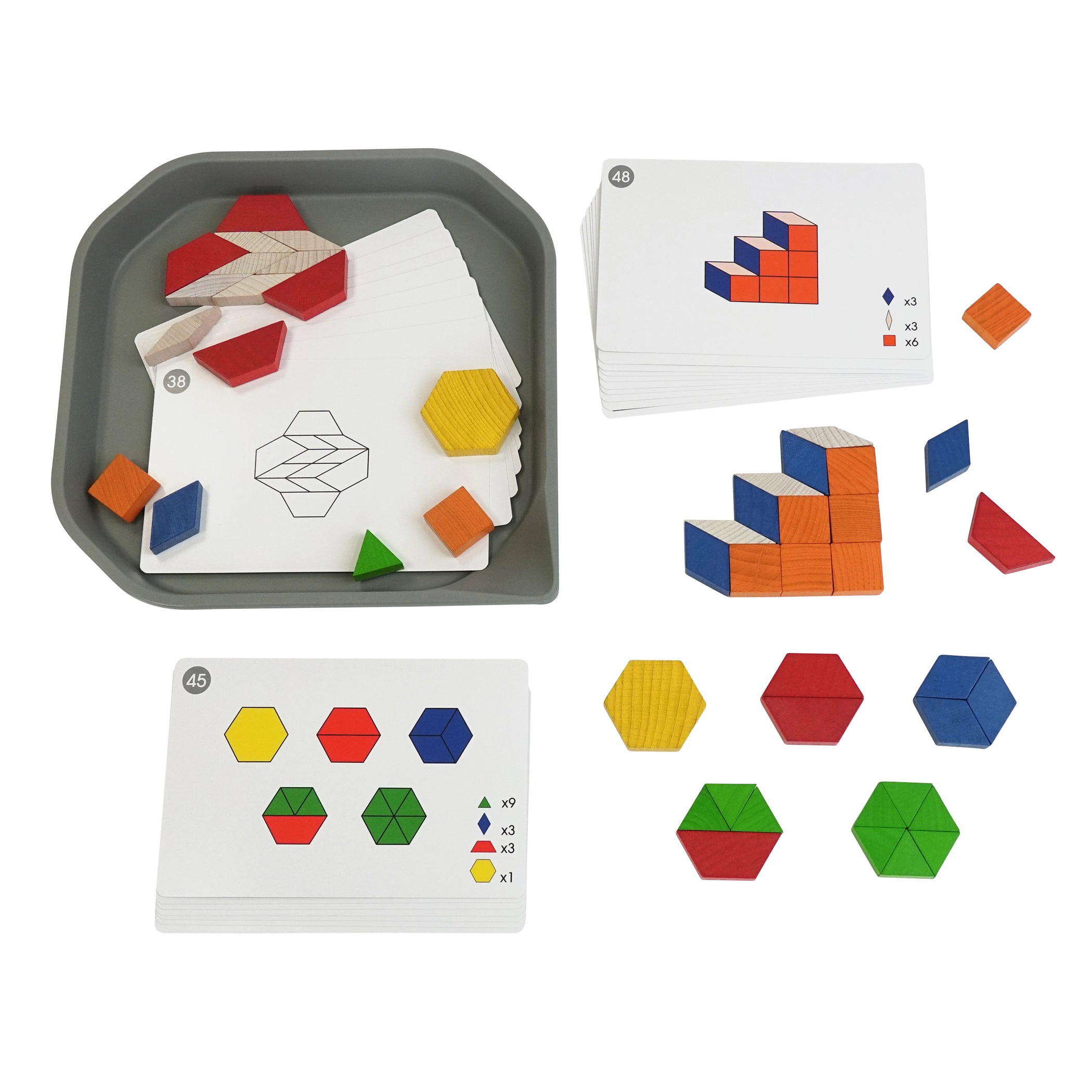 FunPlay Pattern Blocks - Set of 60 Wooden Math Manipulatives + 50 Activities + Messy Tray