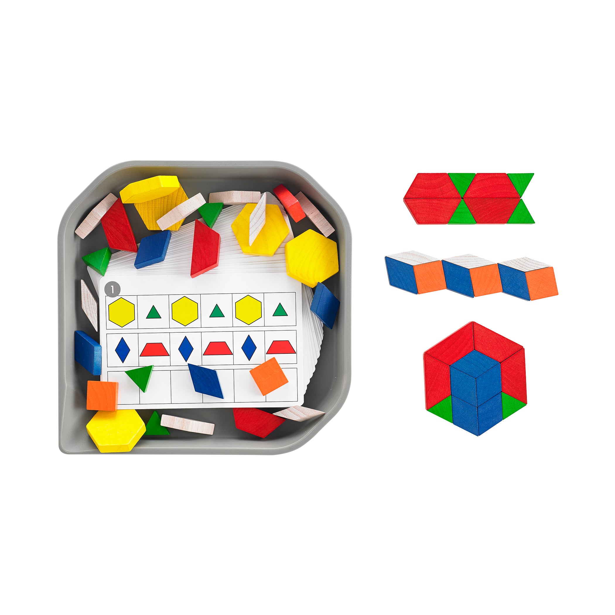 FunPlay Pattern Blocks - Set of 60 Wooden Math Manipulatives + 50 Activities + Messy Tray