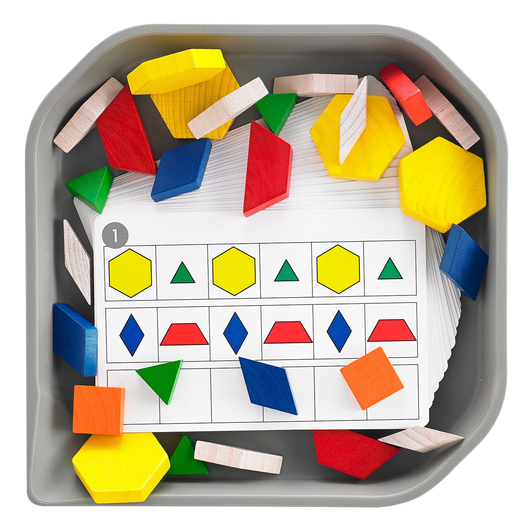 FunPlay Pattern Blocks - Set of 60 Wooden Math Manipulatives + 50 Activities + Messy Tray - A1 School Supplies