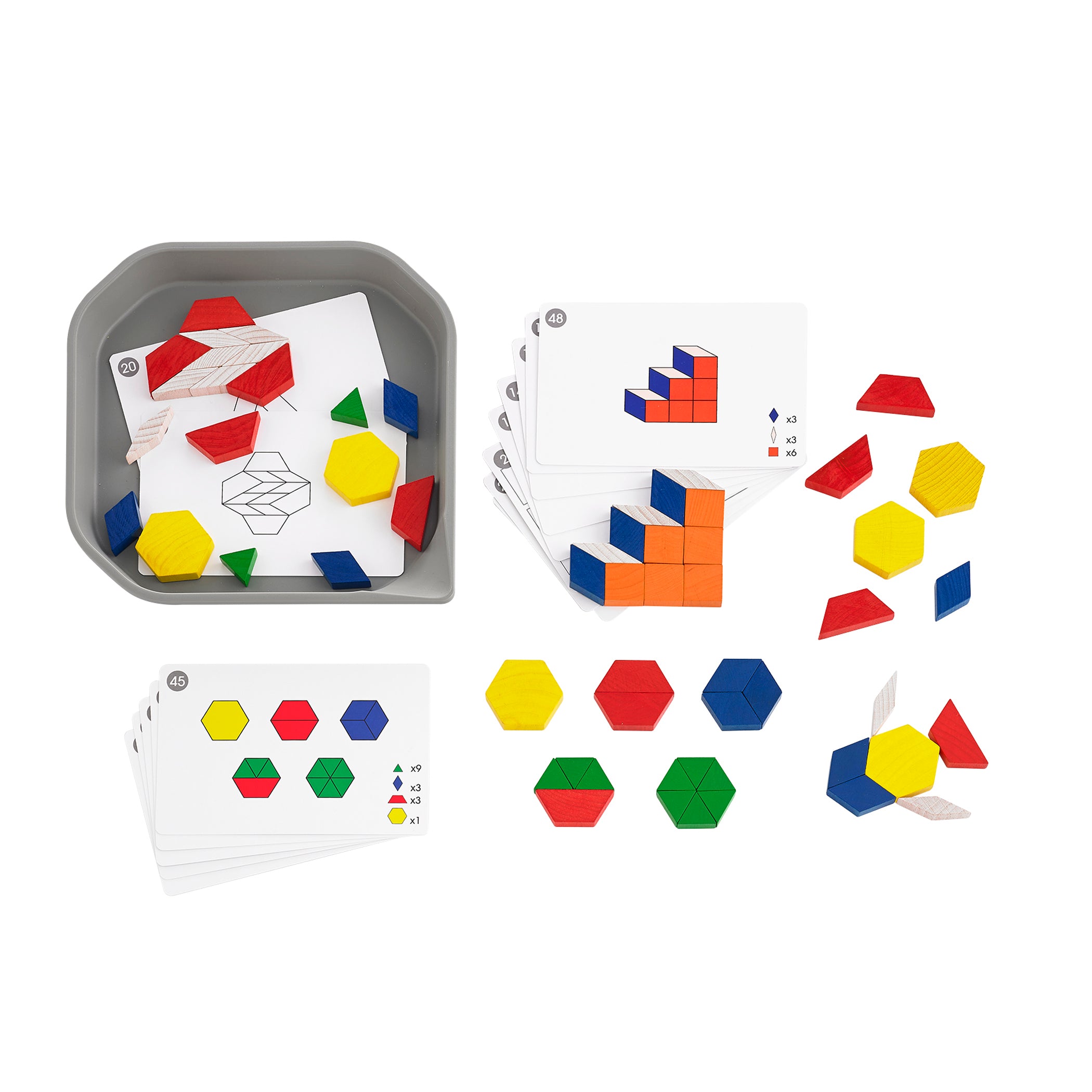 FunPlay Pattern Blocks - Set of 60 Wooden Math Manipulatives + 50 Activities + Messy Tray - A1 School Supplies