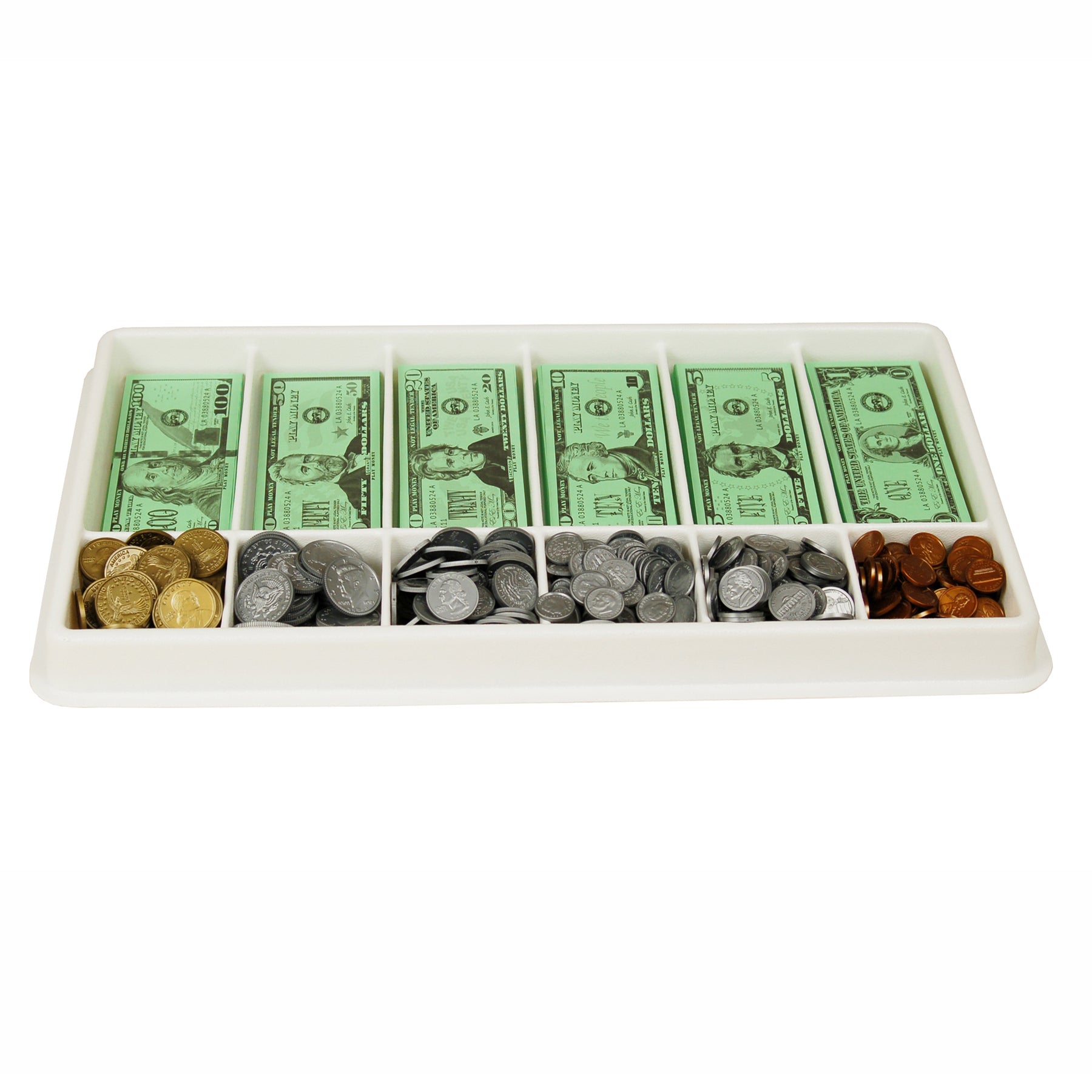 Classroom Money Kit - Set of 1,000 Bills & Coins - Storage Tray and Lid