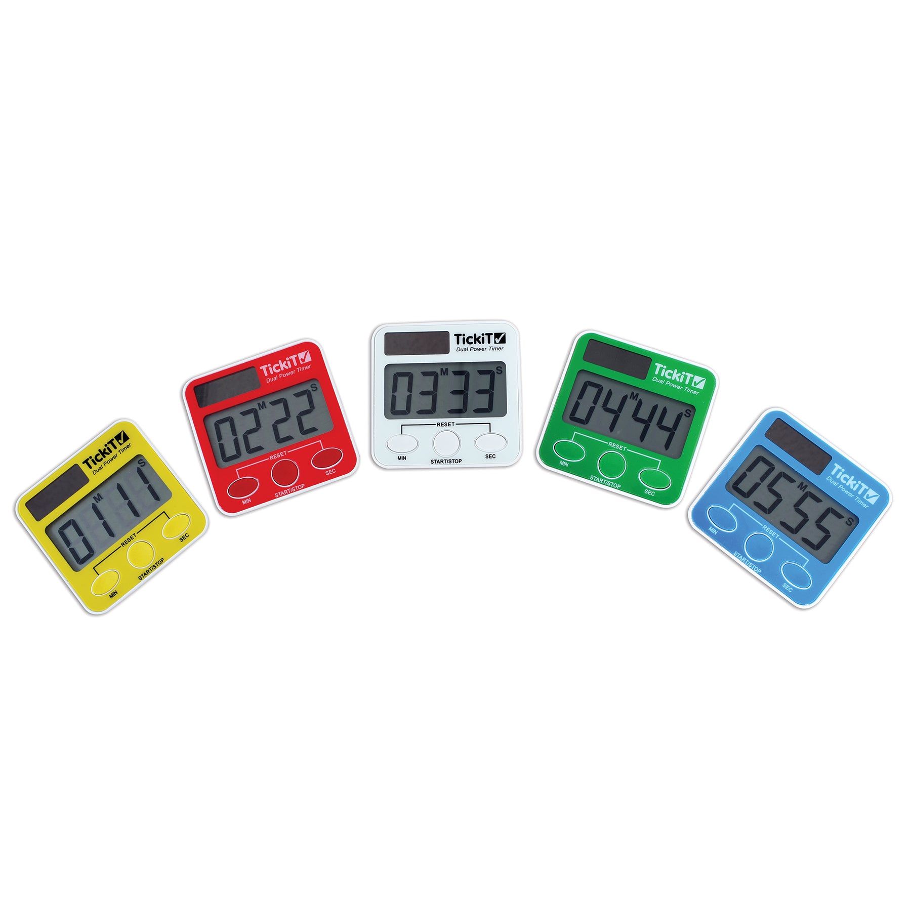 Dual Power Timers - Set of 5 - Red, Yellow, Green, Blue, White - Solar and Battery Powered Digital Timers