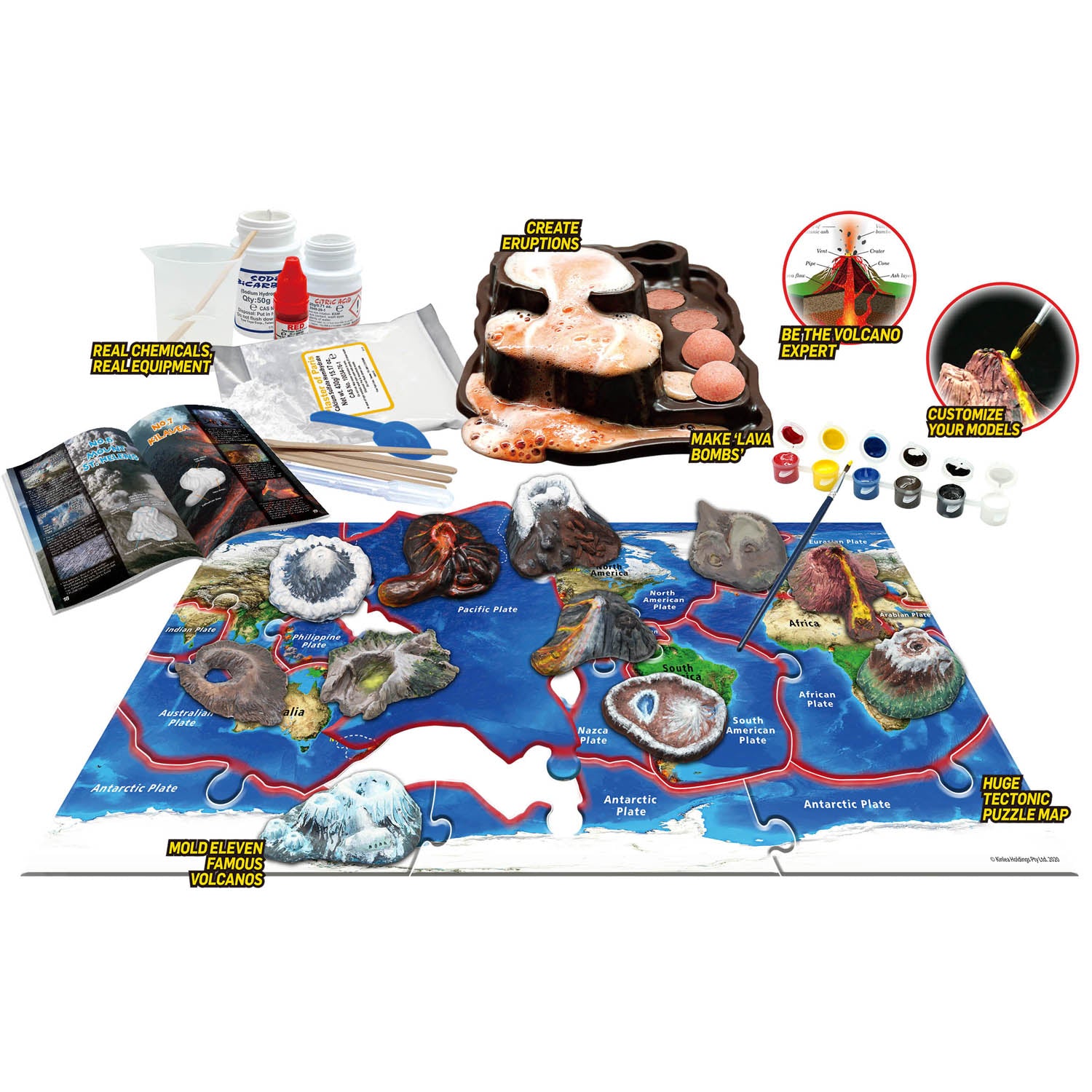 Volcanos of the World - Science Kit for Ages 8+ - Create 11 Volcanos, Mineral Pools, Lava Bombs, Tectonic Map and More