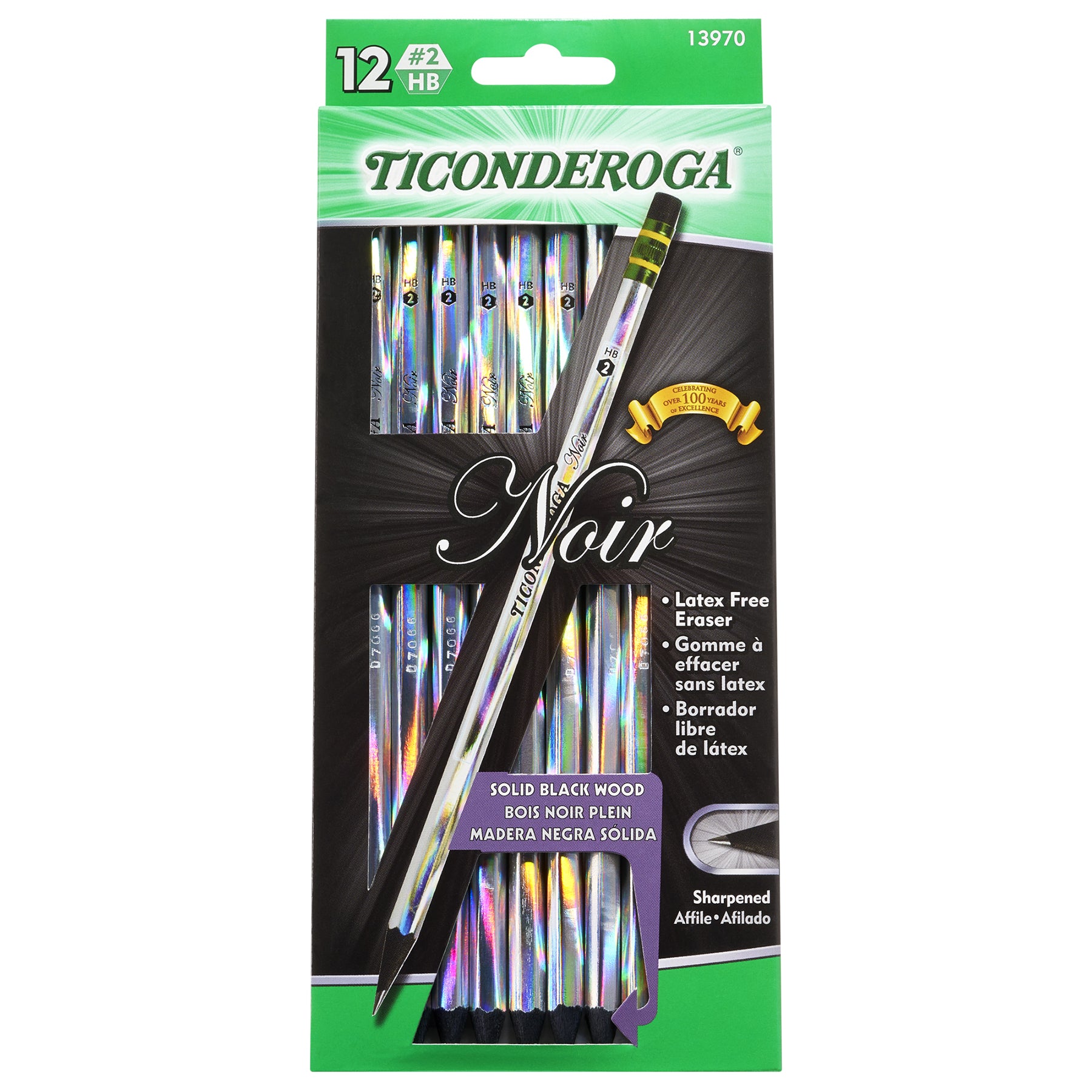 Noir Pencils, Holographic Foil on Black Wood, #2 Soft, Presharpened, 12 Per Pack, 3 Packs