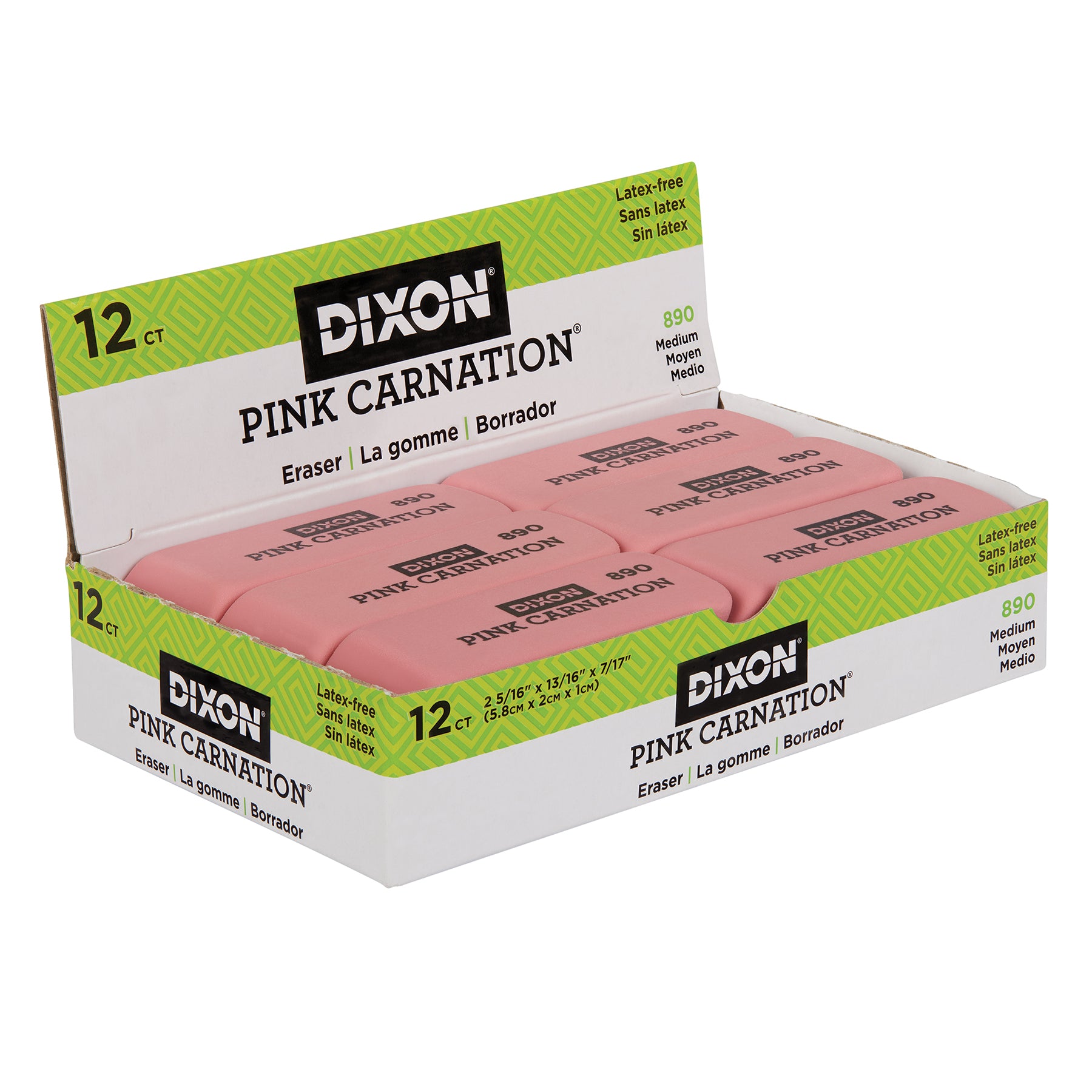 Pink Carnation Erasers, Medium, 2-5/16 x 13/16 x 7/17, 12 Per Pack, 3 Packs