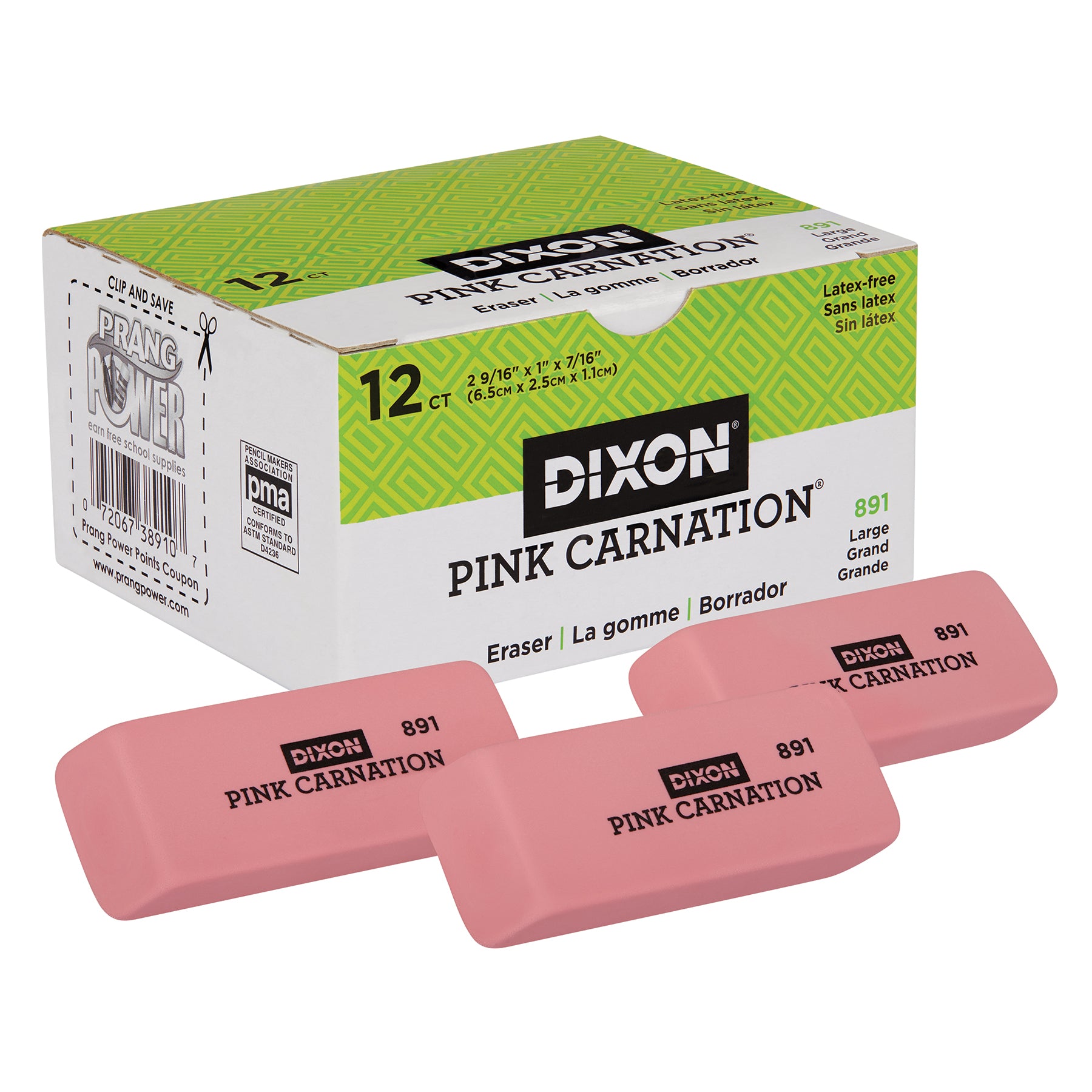 Pink Carnation Erasers, Large, 2-9/16 x 1 x 7/16, 12 Per Pack, 3 Packs