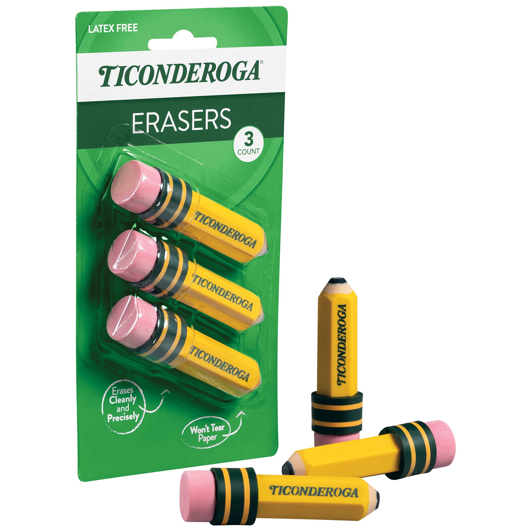 Erasers, Pencil Shaped, Yellow, 3 Per Pack, 6 Packs