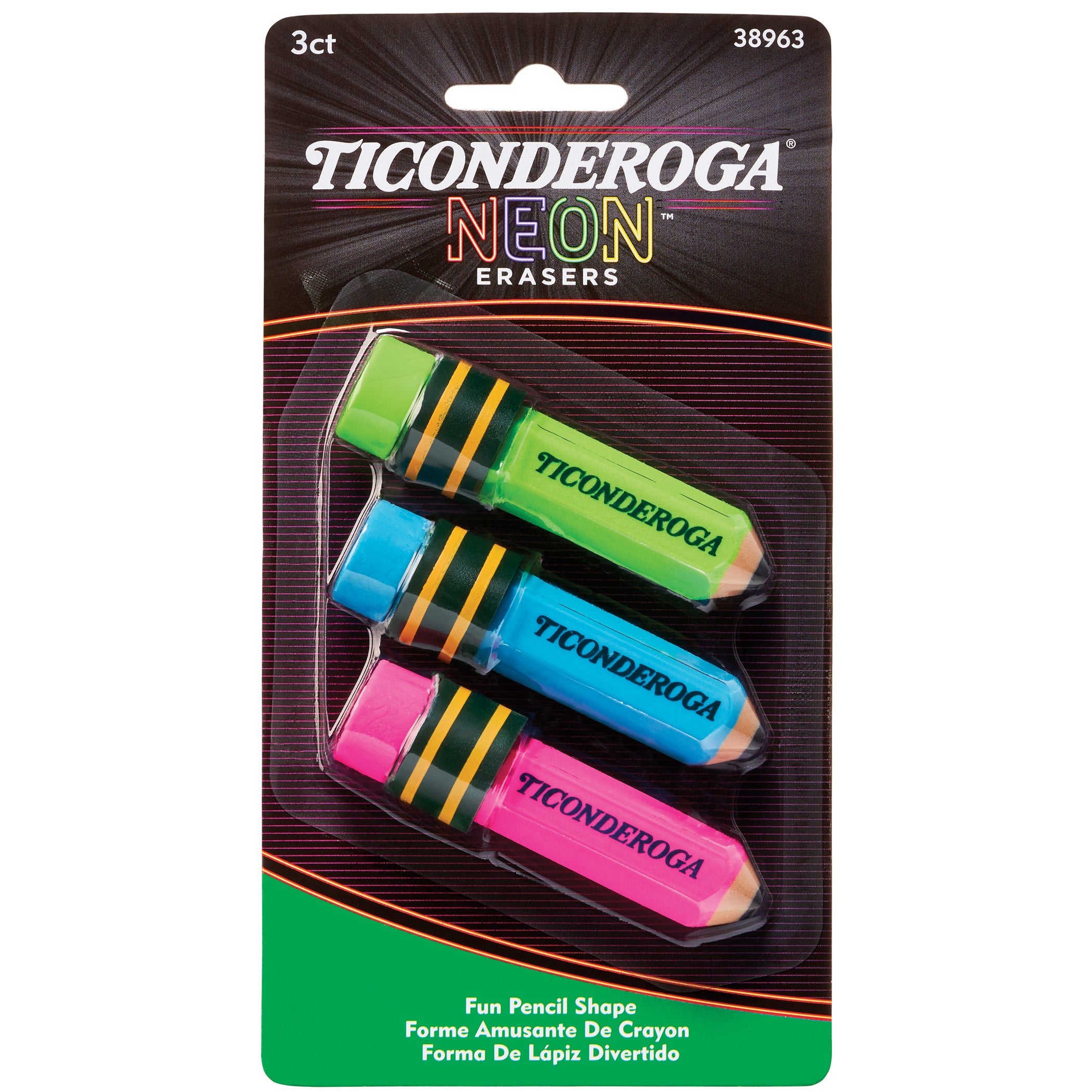 Pencil Shaped Neon Erasers, 3 Per Pack, 6 Packs