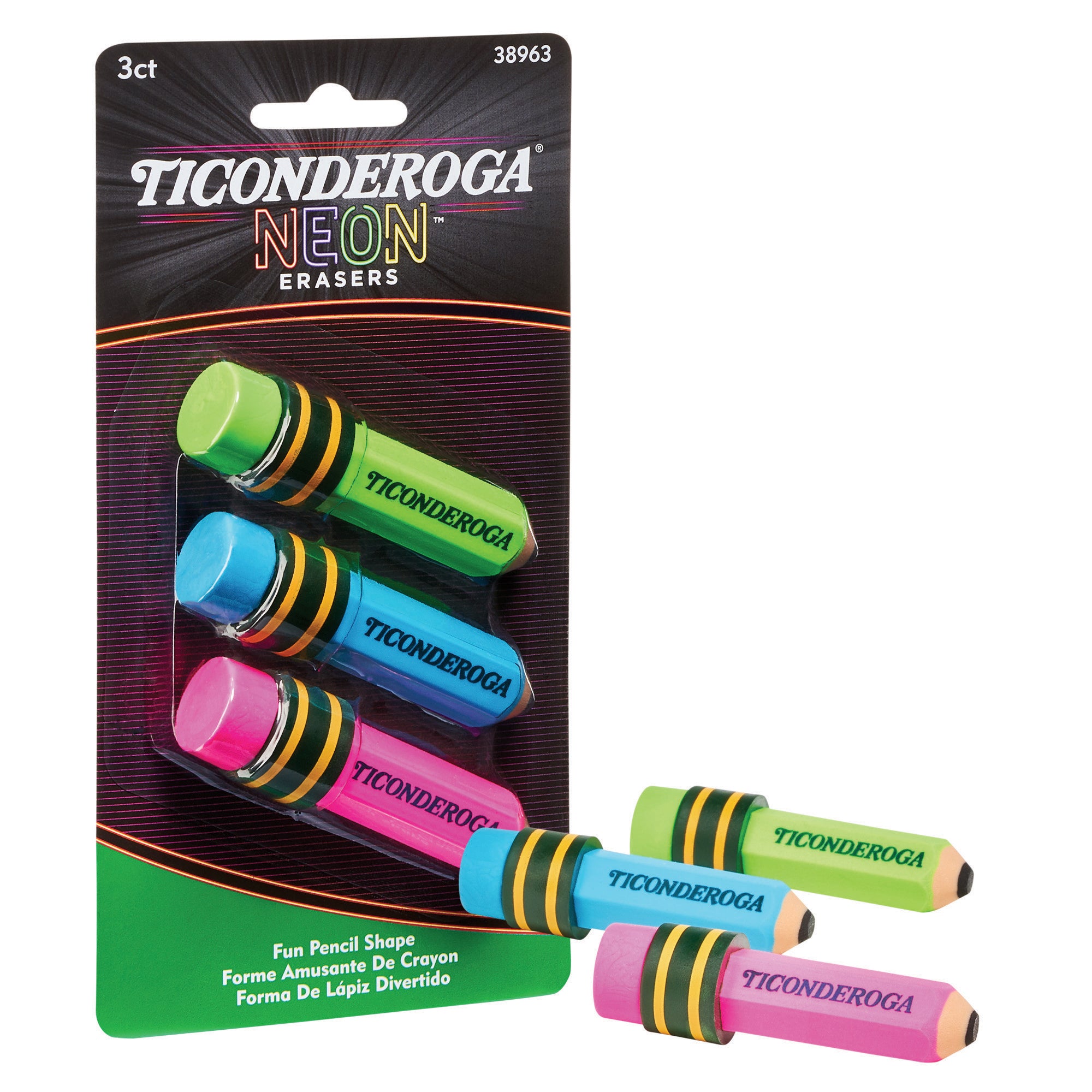 Pencil Shaped Neon Erasers, 3 Per Pack, 6 Packs