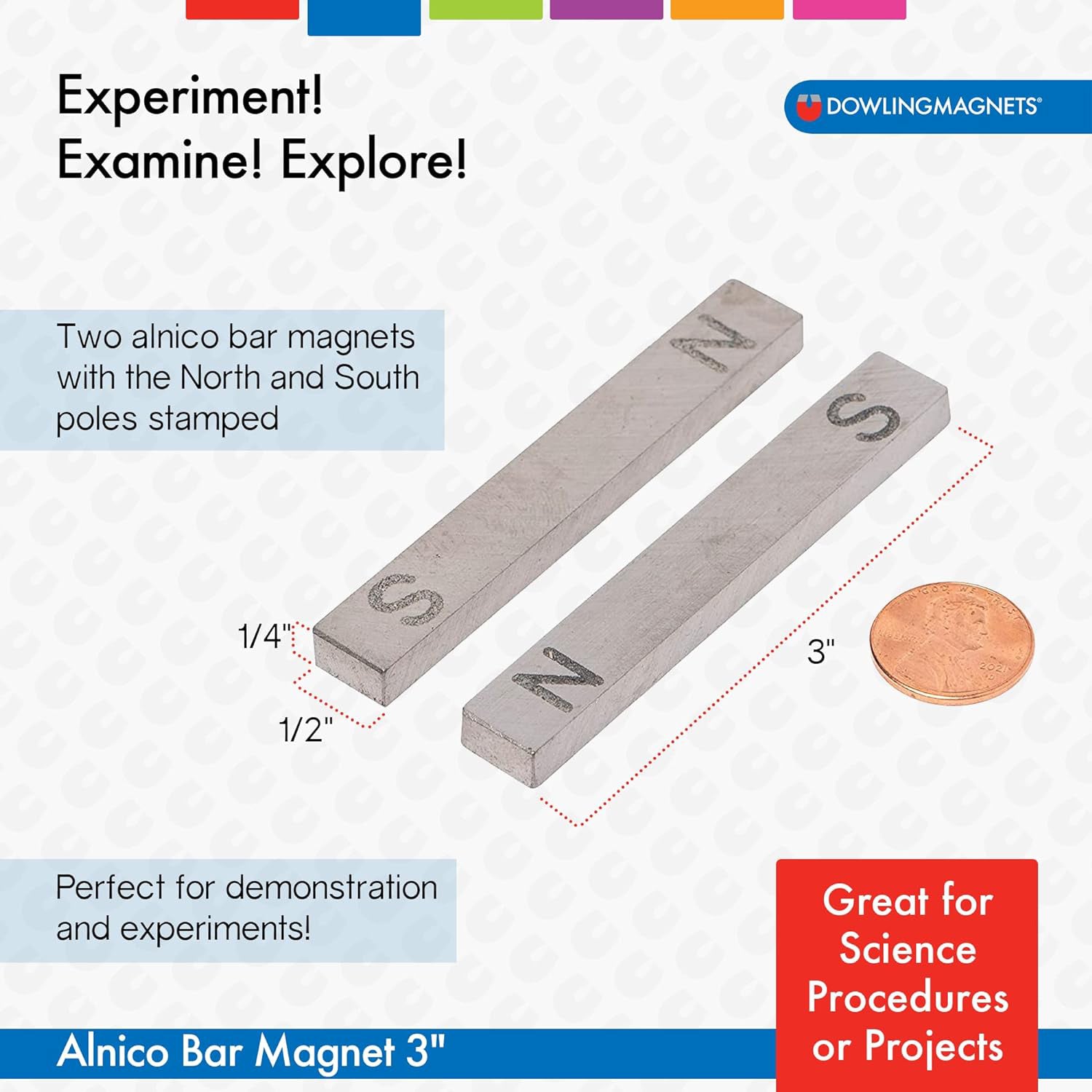 Alnico Bar Magnets, 3", N/S Stamped, Pack of 2