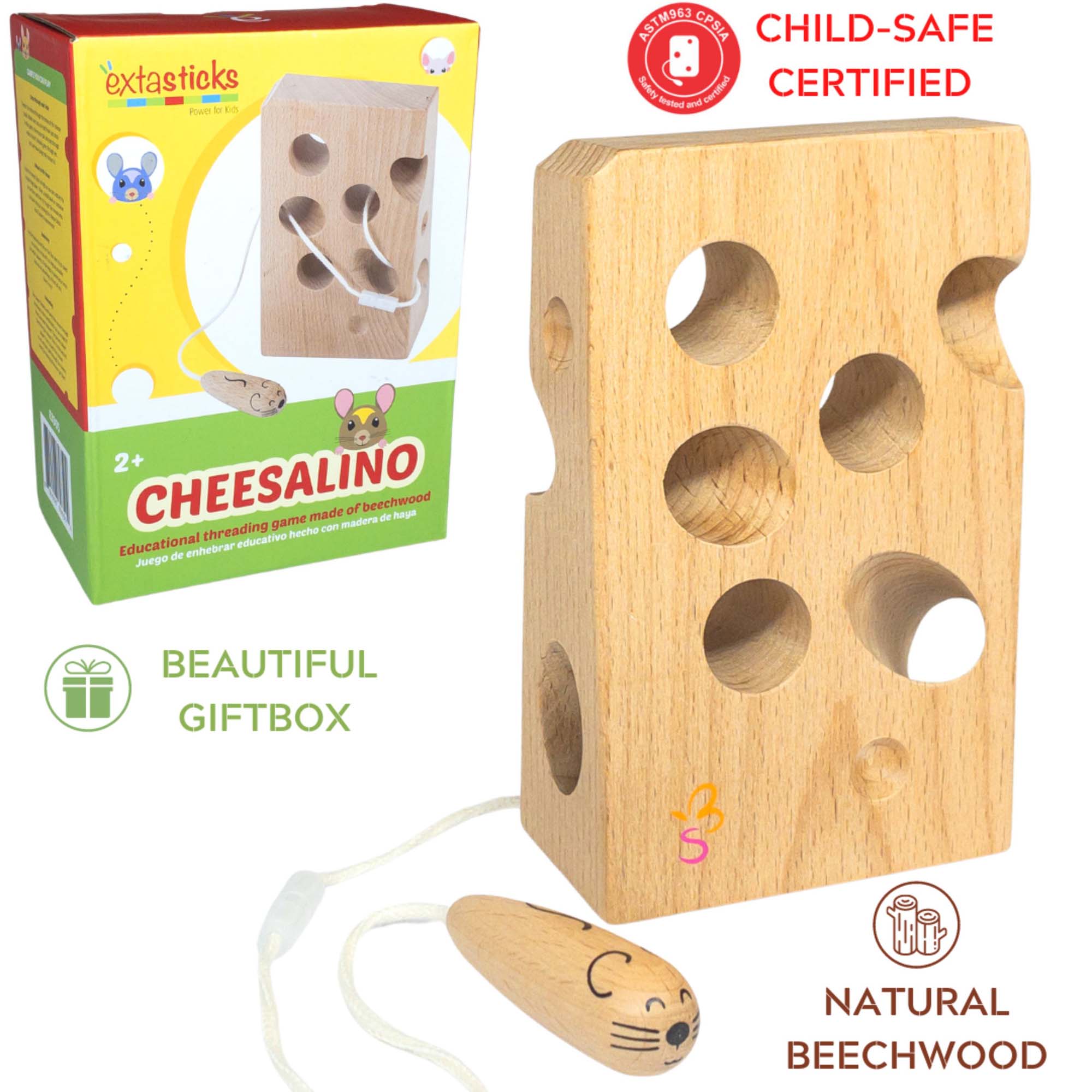 Cheesalino Wooden Lacing Toy (Cheese And Mouse)