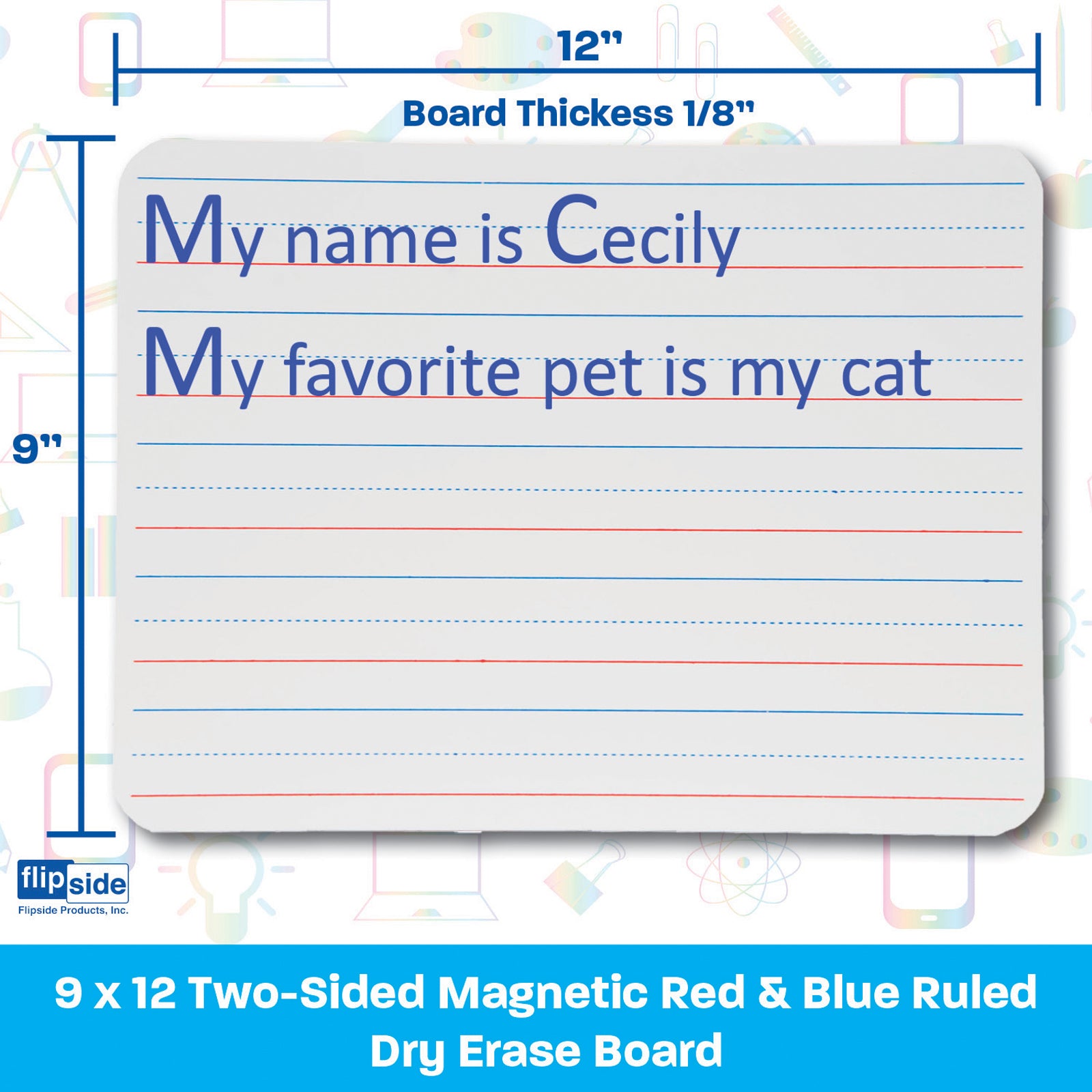 Magnetic Dry Erase Board, Two-Sided Ruled/Blank, 9" x 12", Pack of 3