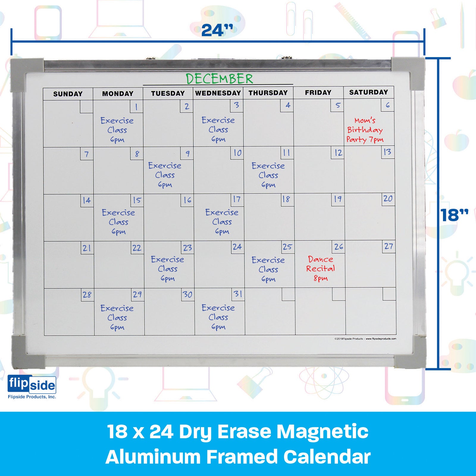 Dry Erase Magnetic Aluminum Framed Calendar, 18" x 24"