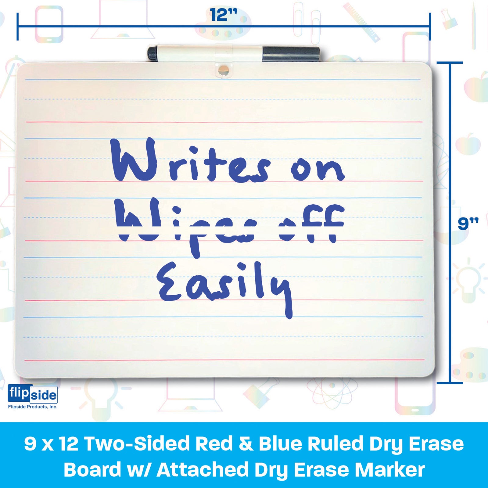 Two-Sided Primary Ruled/Blank Dry Erase Board with Attached Marker, 9" x 12", Pack of 3