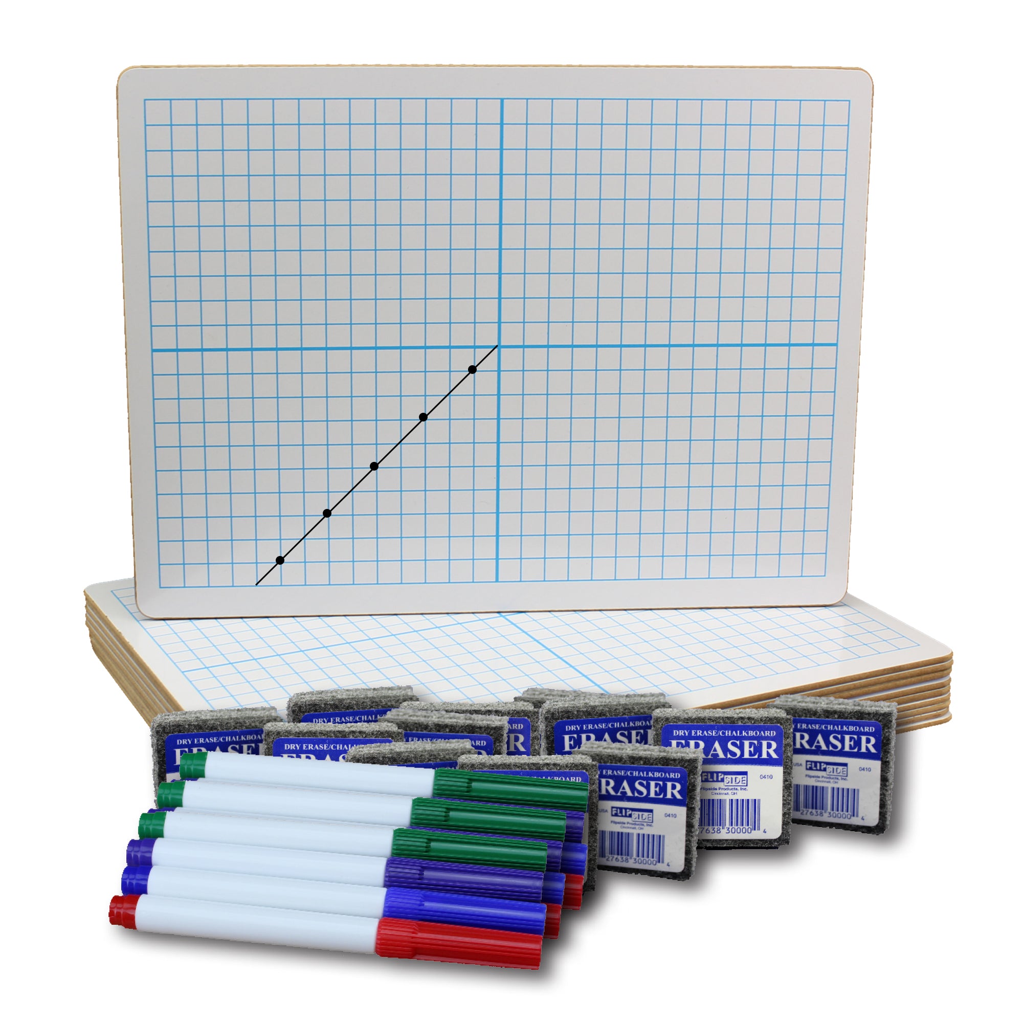 Two-Sided Dry Erase Boards, XY Axis/Plain, 9" x 12", with Colored Pens & Erasers, Class Pack of 12