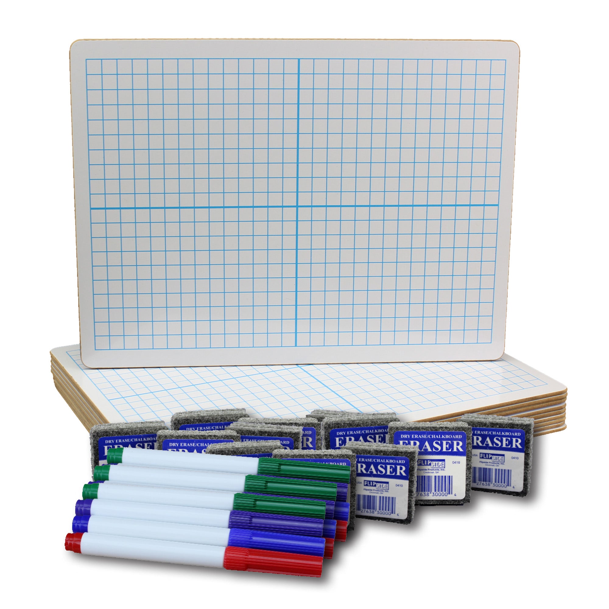 Two-Sided Dry Erase Boards, XY Axis/Plain, 9" x 12", with Colored Pens & Erasers, Class Pack of 12