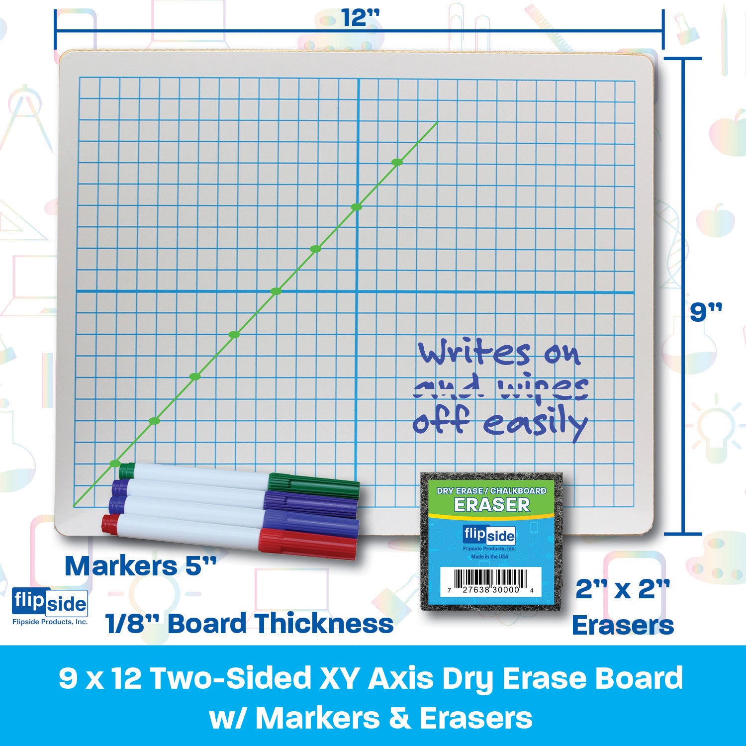 Two-Sided Dry Erase Boards, XY Axis/Plain, 9" x 12", with Colored Pens & Erasers, Class Pack of 12