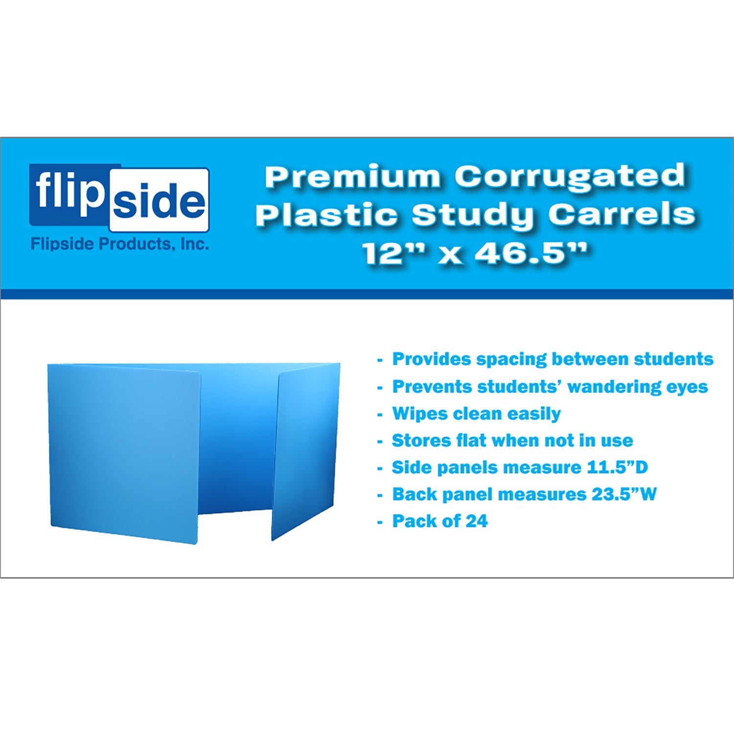 Premium Corrugated Plastic Study Carrels, Blue, 12" x 46.5", Pack of 24