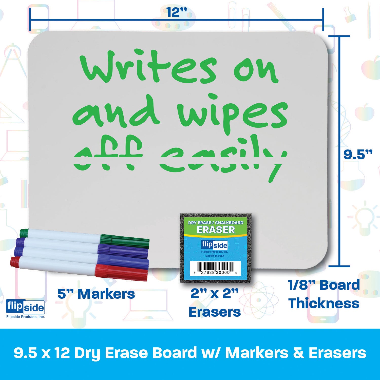 Dry Erase Boards (9" x 12") with Colored Pens & Erasers, Set of 12