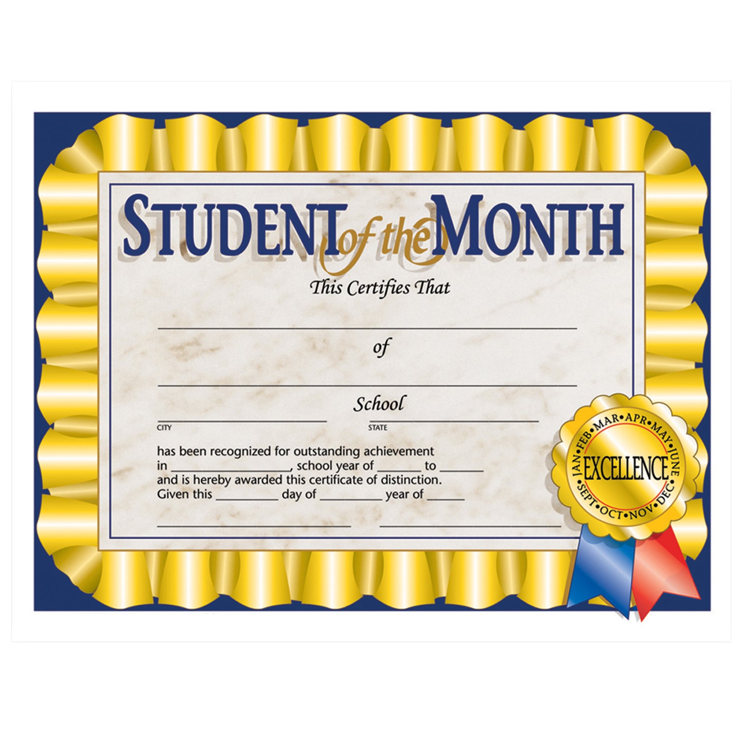 Student of the Month Certificate, 8.5" x 11", 30 Per Pack, 3 Packs