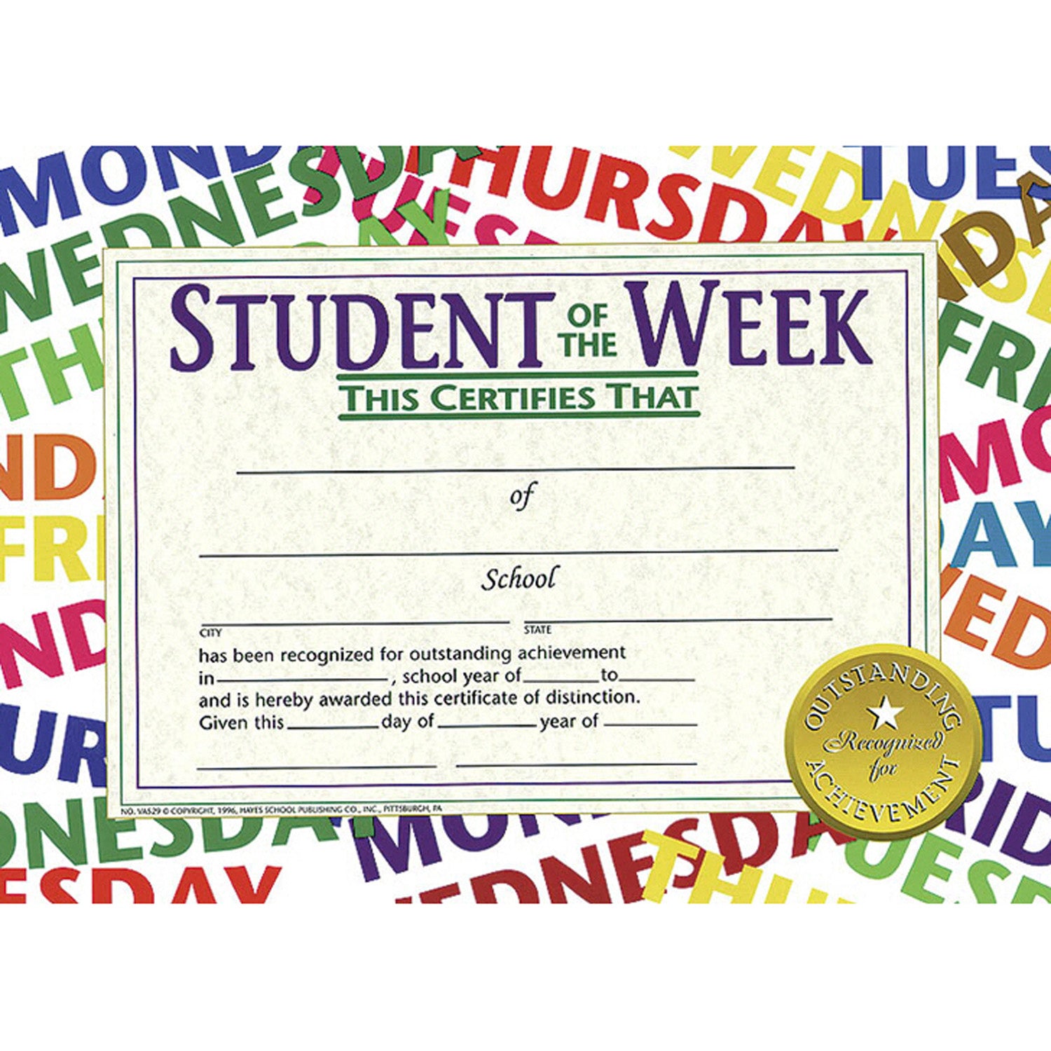 Student of the Week Certificate, 8.5" x 11", 30 Per Pack, 3 Packs