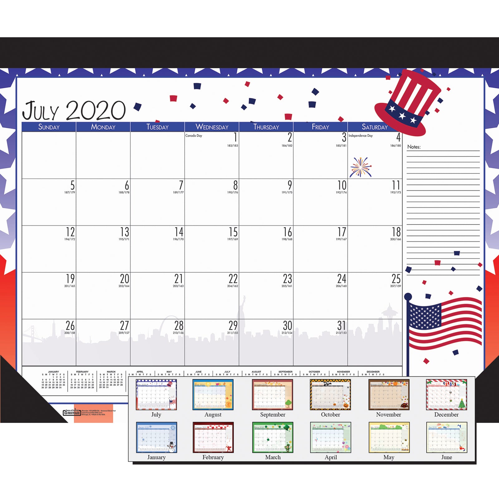 Monthly Academic Deskpad Calendar, Seasonal Holiday Depictions, 12 Months July-June, 22" x 17"