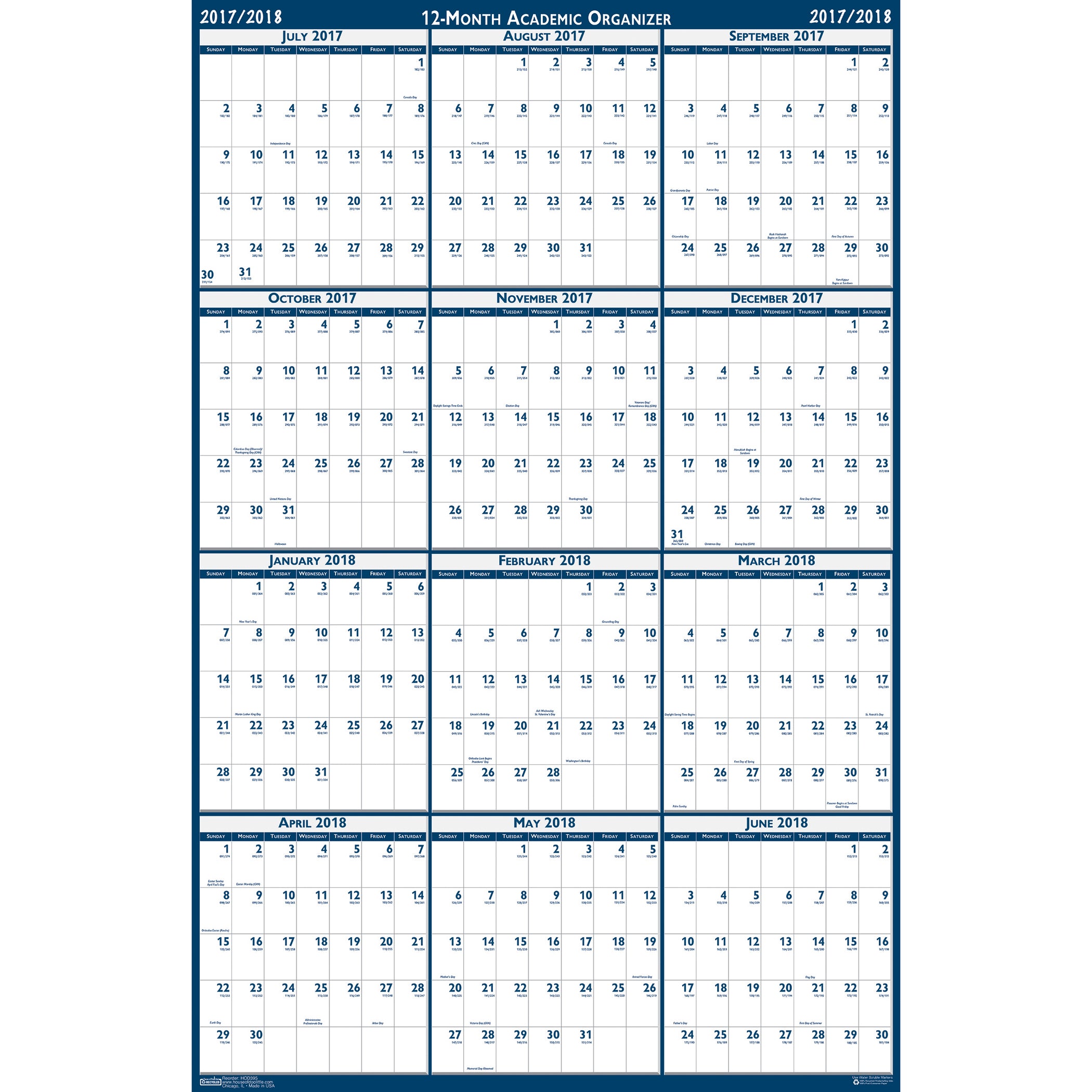 Laminated Wipe Off Wall Academic Calendar, Reversible, 18" x 24" - A1 School Supplies