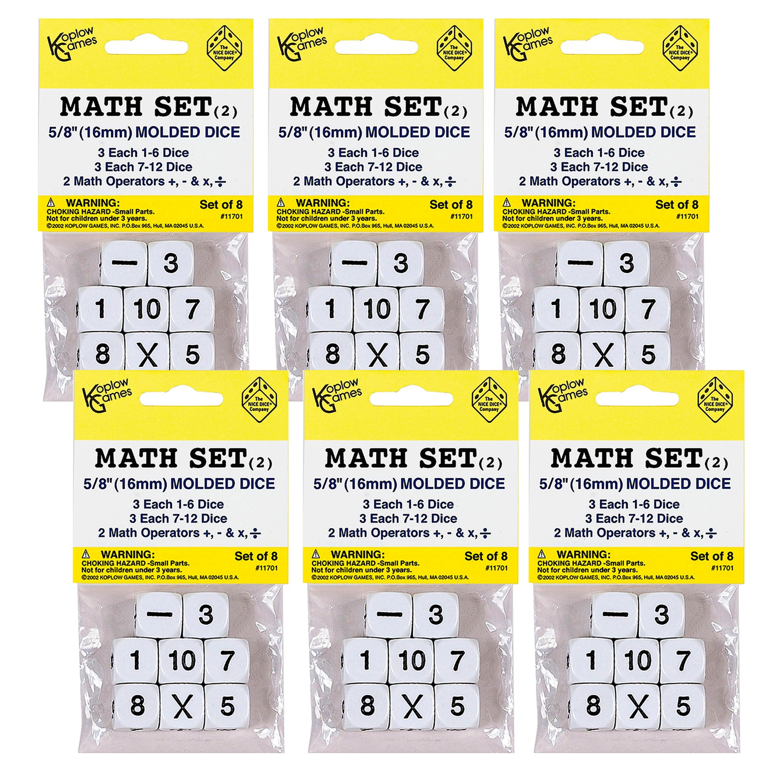 Whole Number Dice Set, 8 Per Pack, 6 Packs