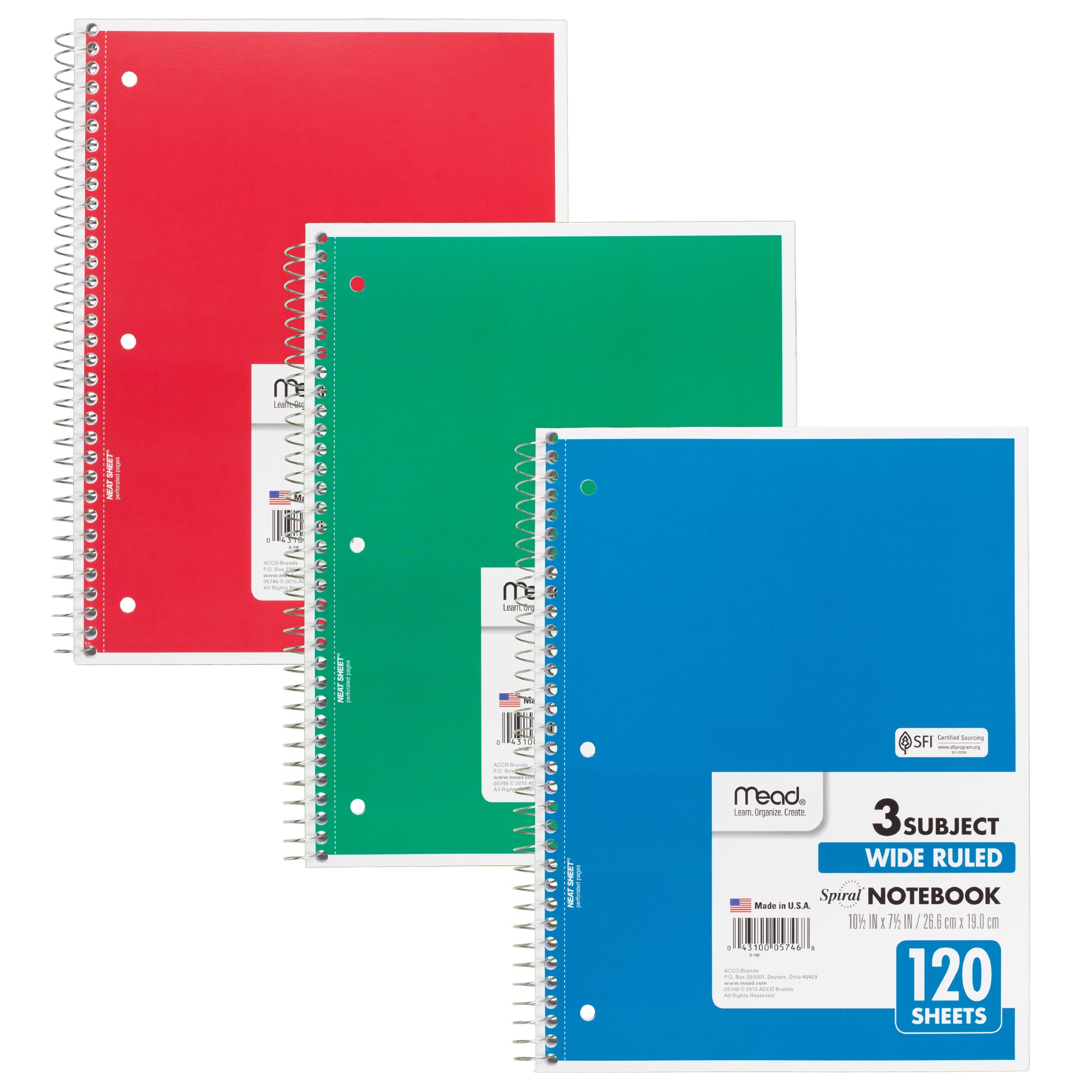 Spiral 3 Subject Notebook, Wide Ruled, 180 Sheets Per Book, Pack of 6