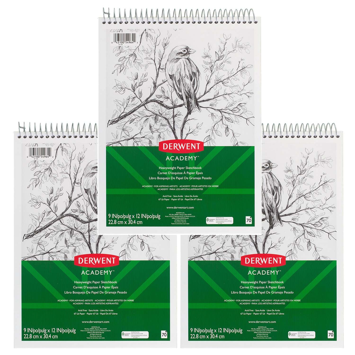 Derwent Academy™ Wirebound Sketchbook, 9" x 12", 70 Sheets, Pack of 3