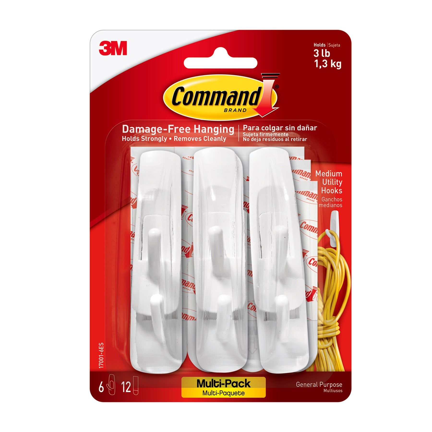 Command™ Medium Utility Hooks Multi-Pack, 6 Per Pack, 3 Packs