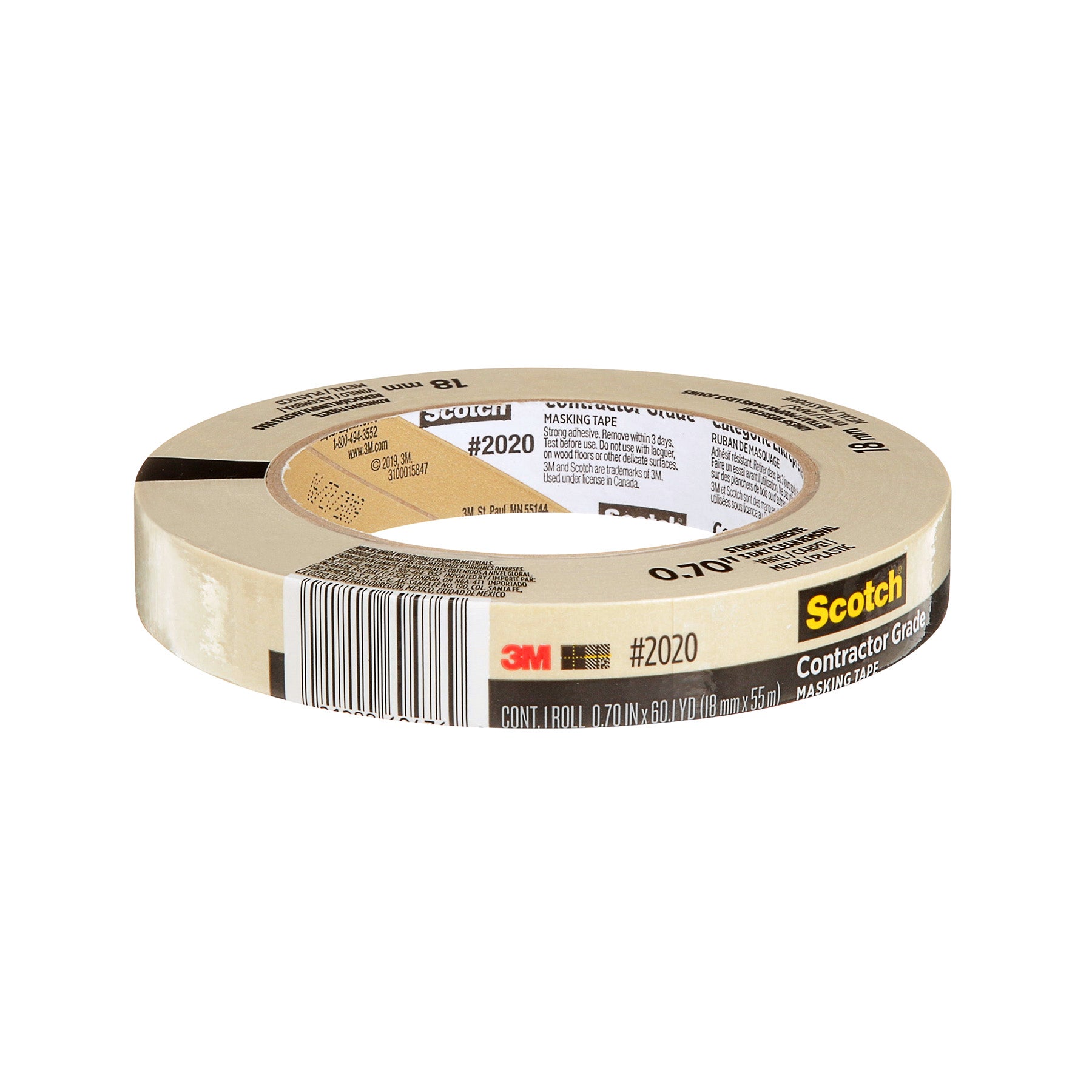 Contractor Grade Masking Tape, 0.70 in x 60.1 yd (18mm x 55m), Pack of 12