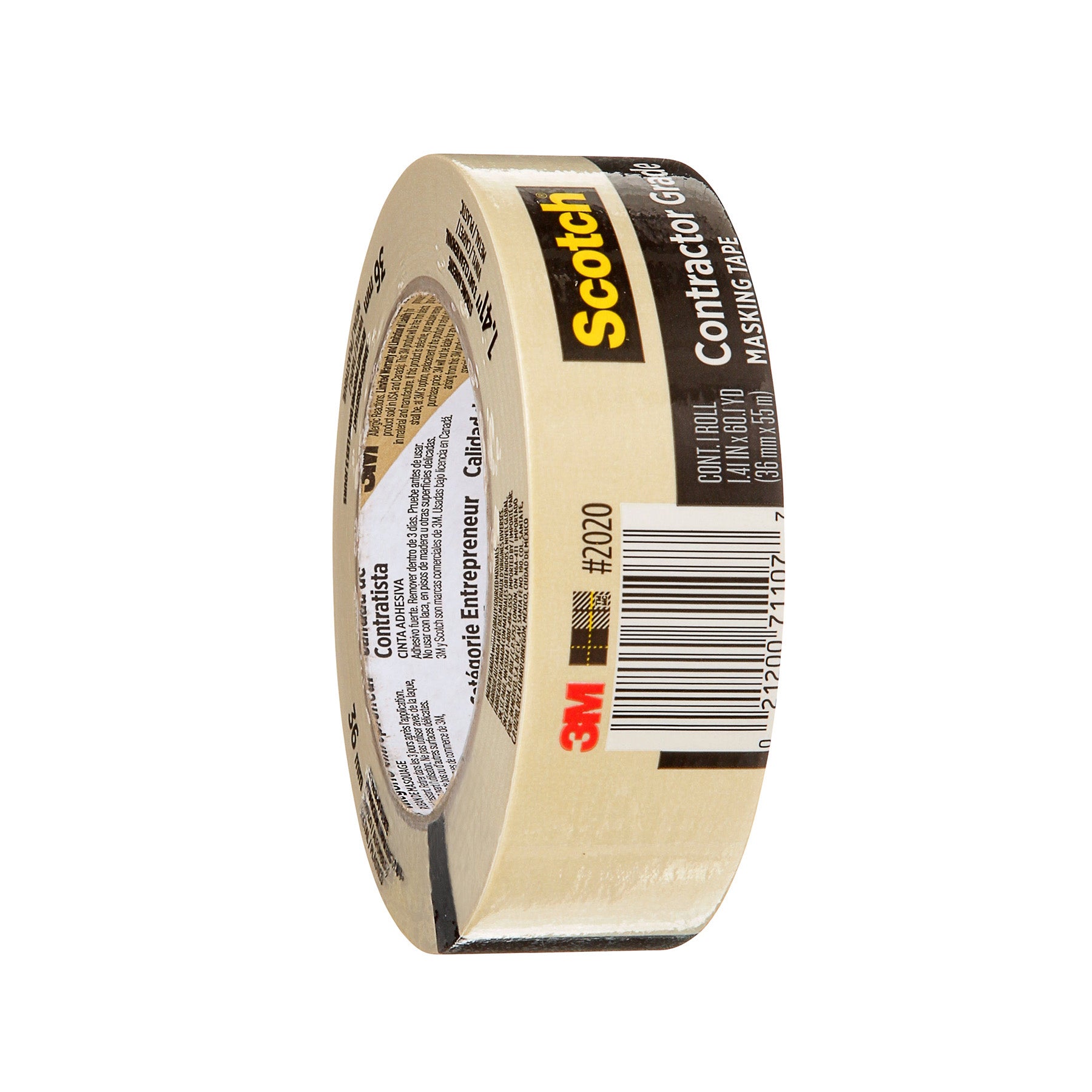 Contractor Grade Masking Tape, 1.41 in x 60.1 yd (36mm x 55m), Pack of 3