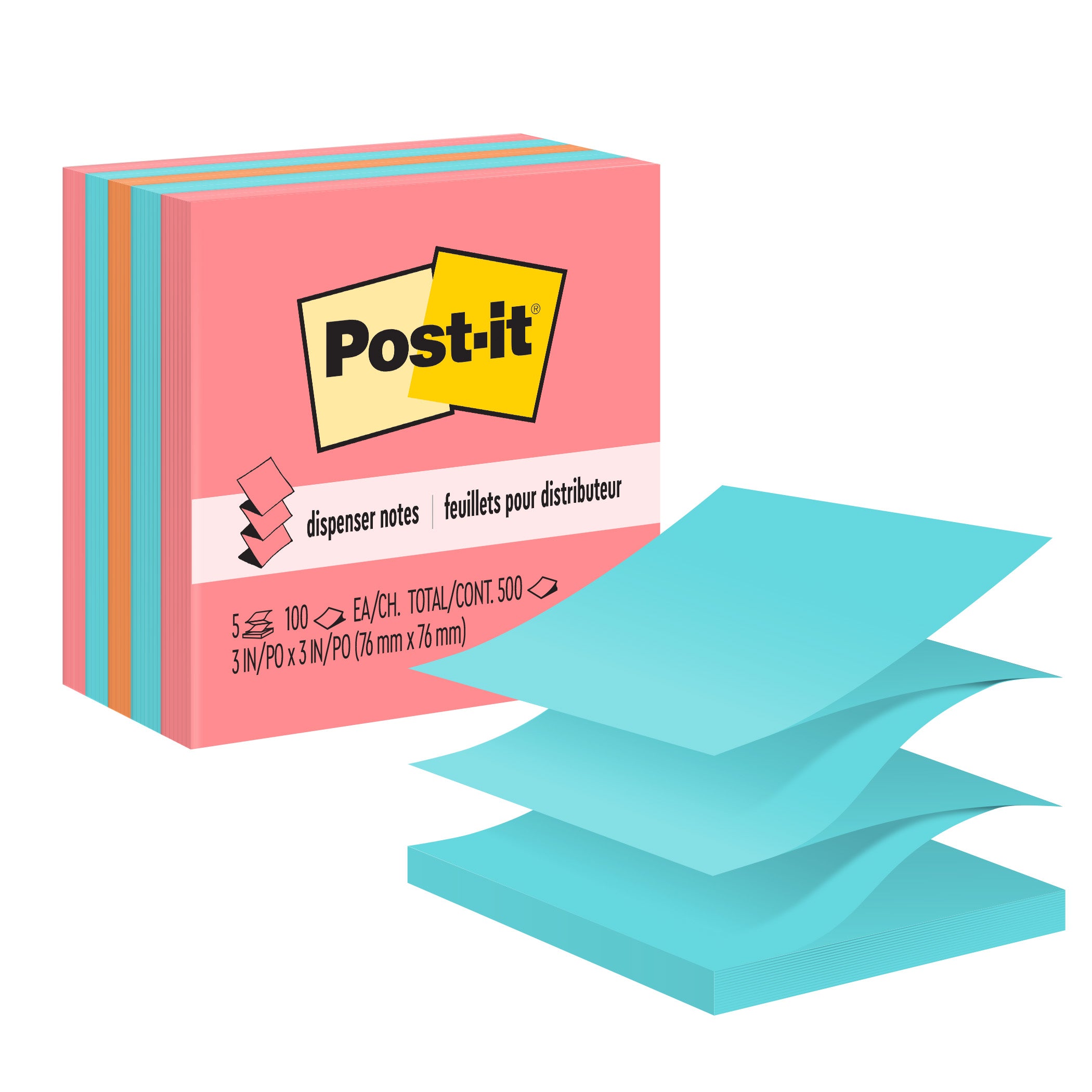 Pop-up Notes, 3" x 3", Assorted, 100 Sheets/Pad, 5 Pads/Pack, 2 Packs