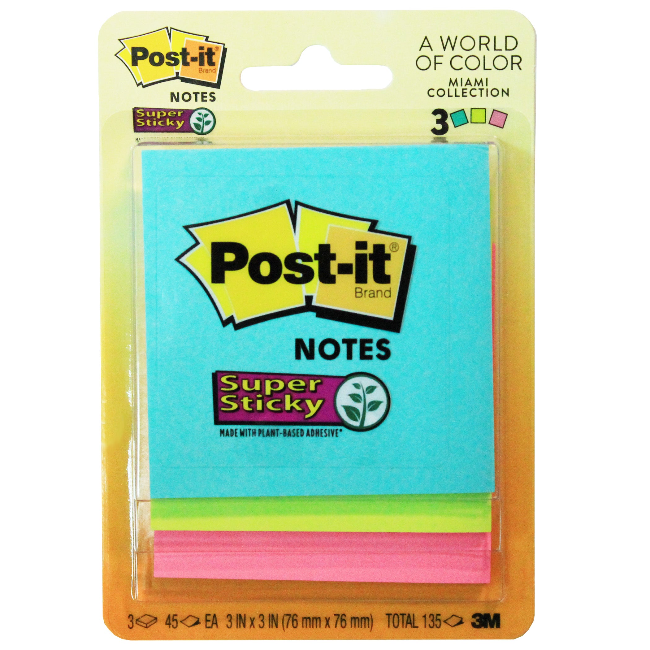 Super Sticky Notes, 3" x 3", Miami Collection, 3 Pads/Pack, 6 Packs