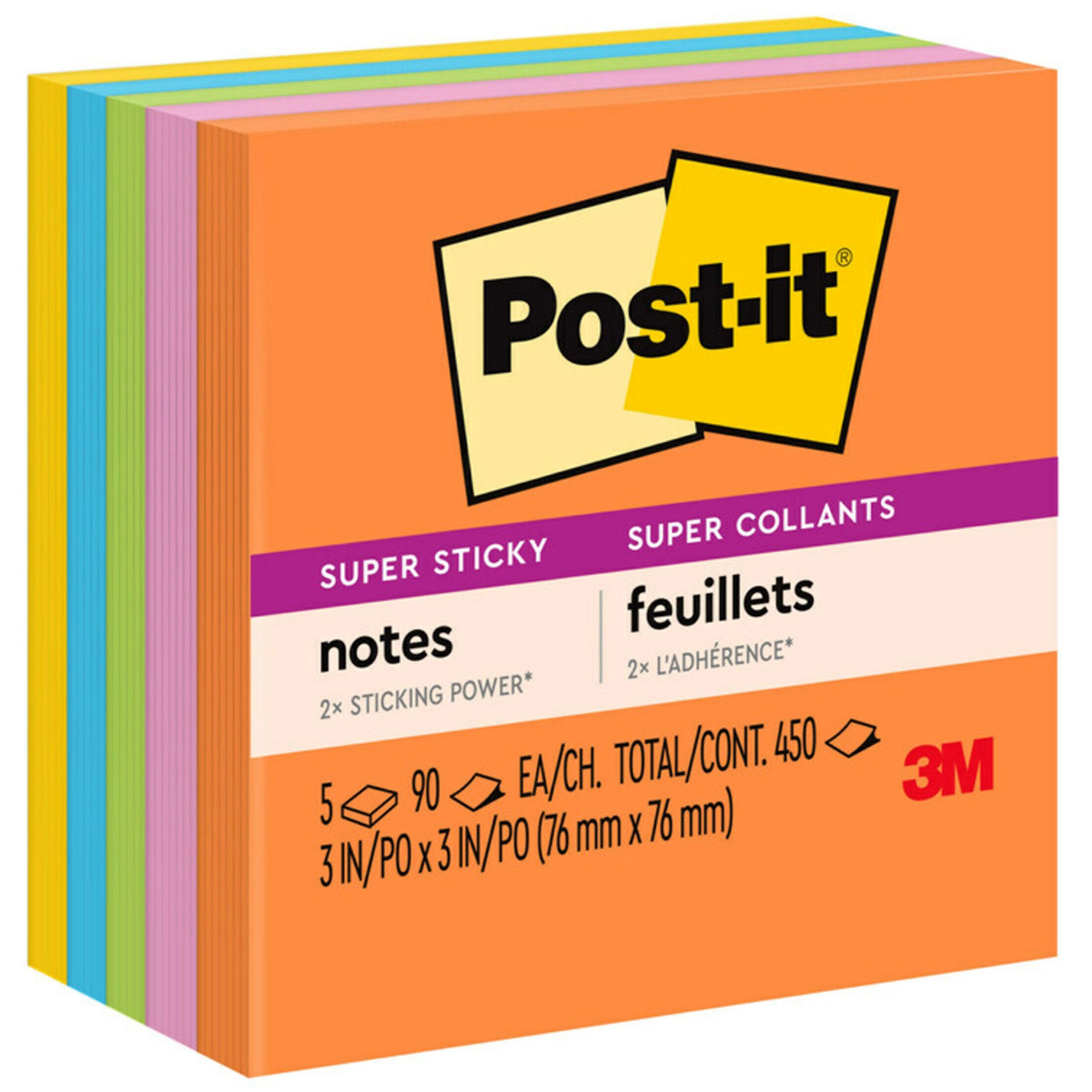 Super Sticky Notes, 3 in x 3 in, Energy Boost Collection, 5 Pads/Pack, 2 Packs