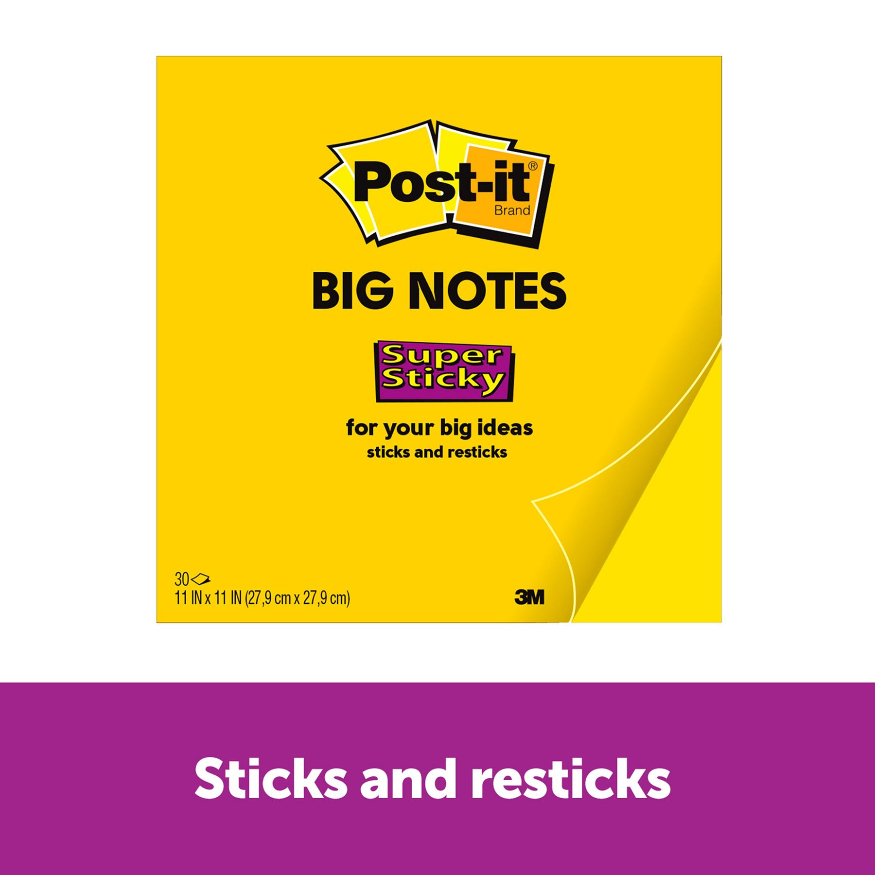 Super Sticky Big Note, 11 in. x 11 in., Yellow, 30 Sheets/Pad, Pack of 3