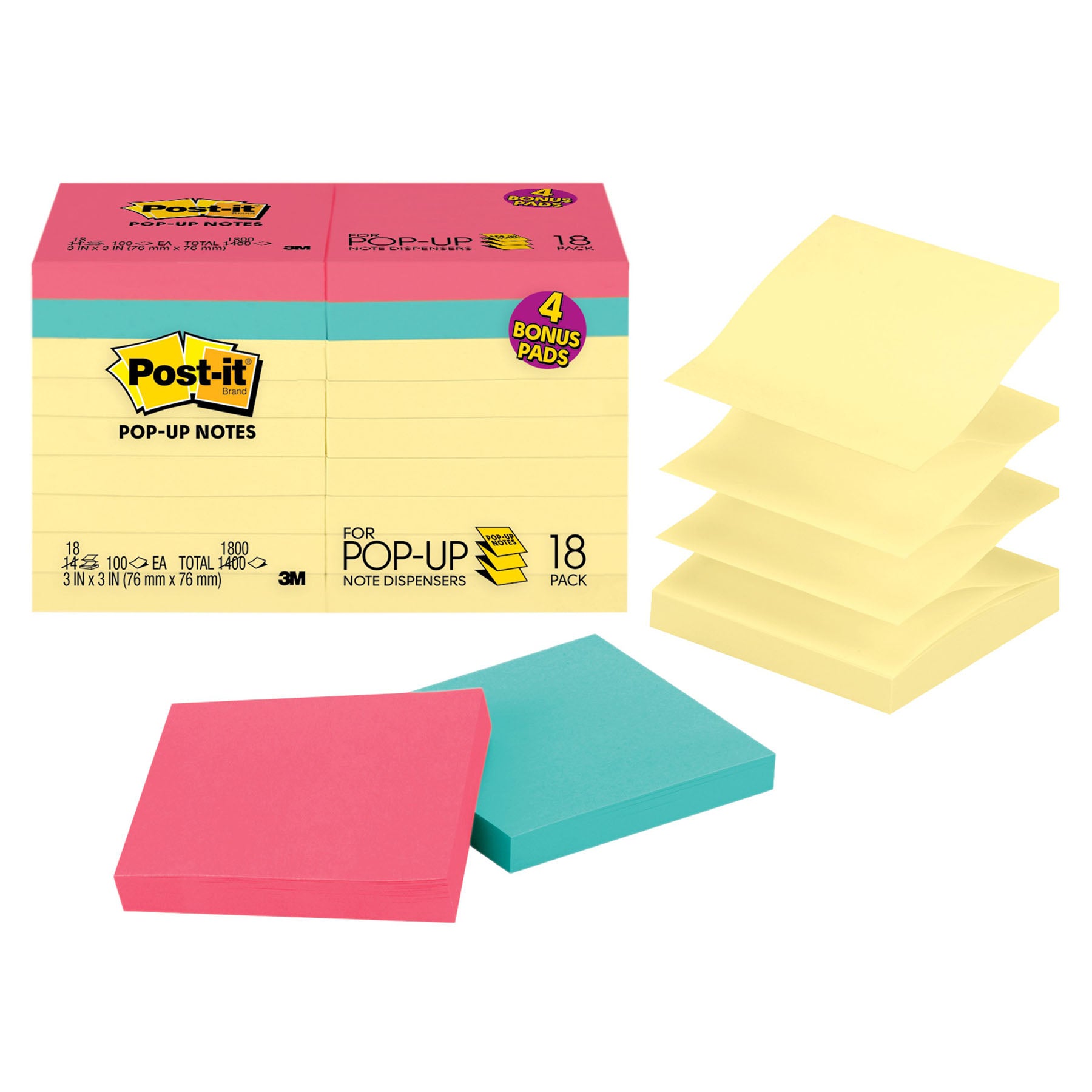 Dispenser Pop-up Notes Value Pack, 3 in x 3 in, Canary Yellow + Assorted, 14 Pads/Pack