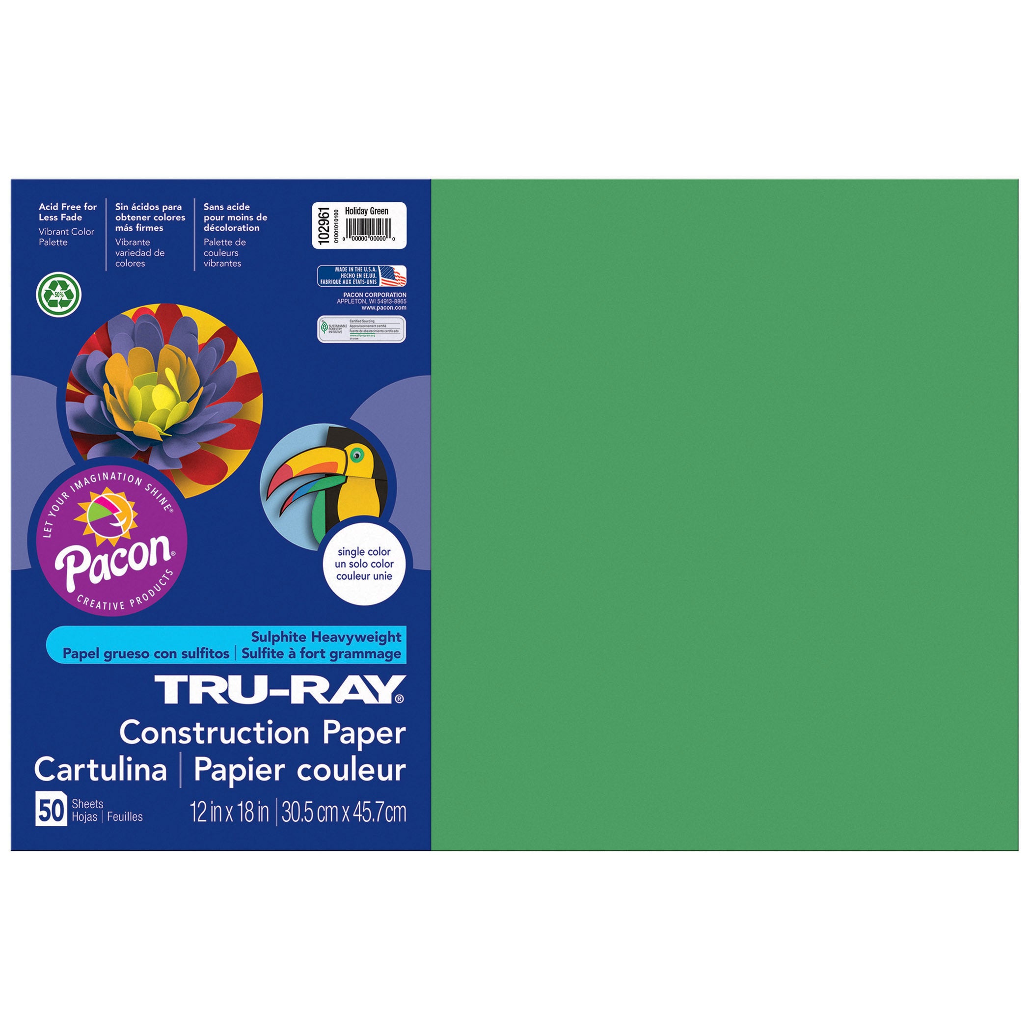 Construction Paper, Holiday Green, 12" x 18", 50 Sheets Per Pack, 5 Packs - A1 School Supplies